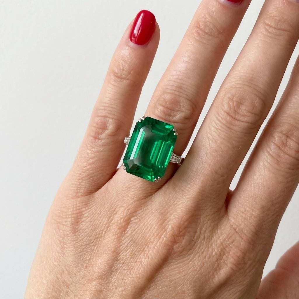 Una impresionante pieza que exhibe una magnífica esmeralda natural colombiana de 22,64 quilates, certificada por GRS y con un excepcional color verde ricamente saturado. La esmeralda está tallada en una talla octogonal escalonada de bellas