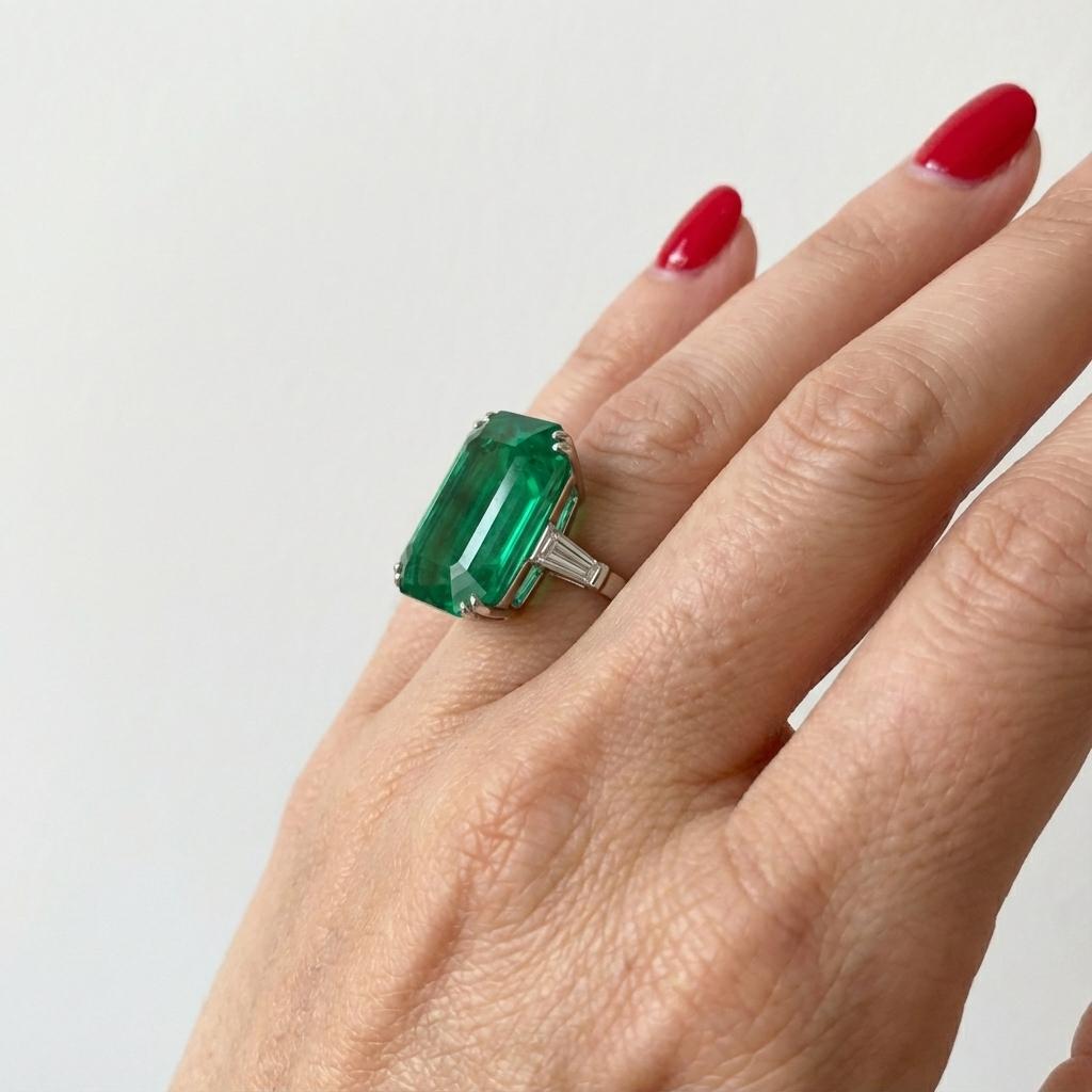 Anillo de Platino con Esmeralda Colombiana Certificada GRS de 22,64 Quilates y Baguette Cónica Corte esmeralda en venta
