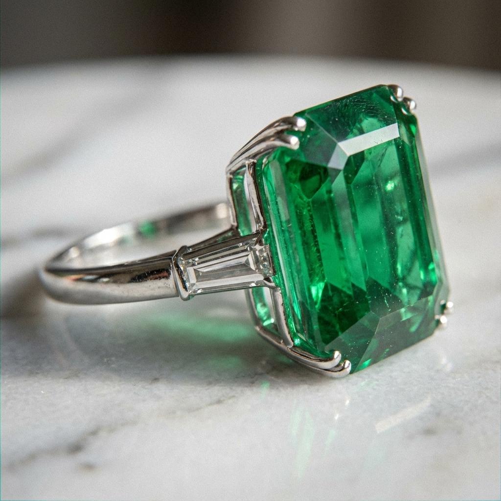 Anillo de Platino con Esmeralda Colombiana Certificada GRS de 22,64 Quilates y Baguette Cónica en Excelente estado para la venta en Chicago, IL