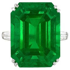 GRS Certified 22.64 Carat Colombian Emerald Platinum Ring with Tapered Baguette