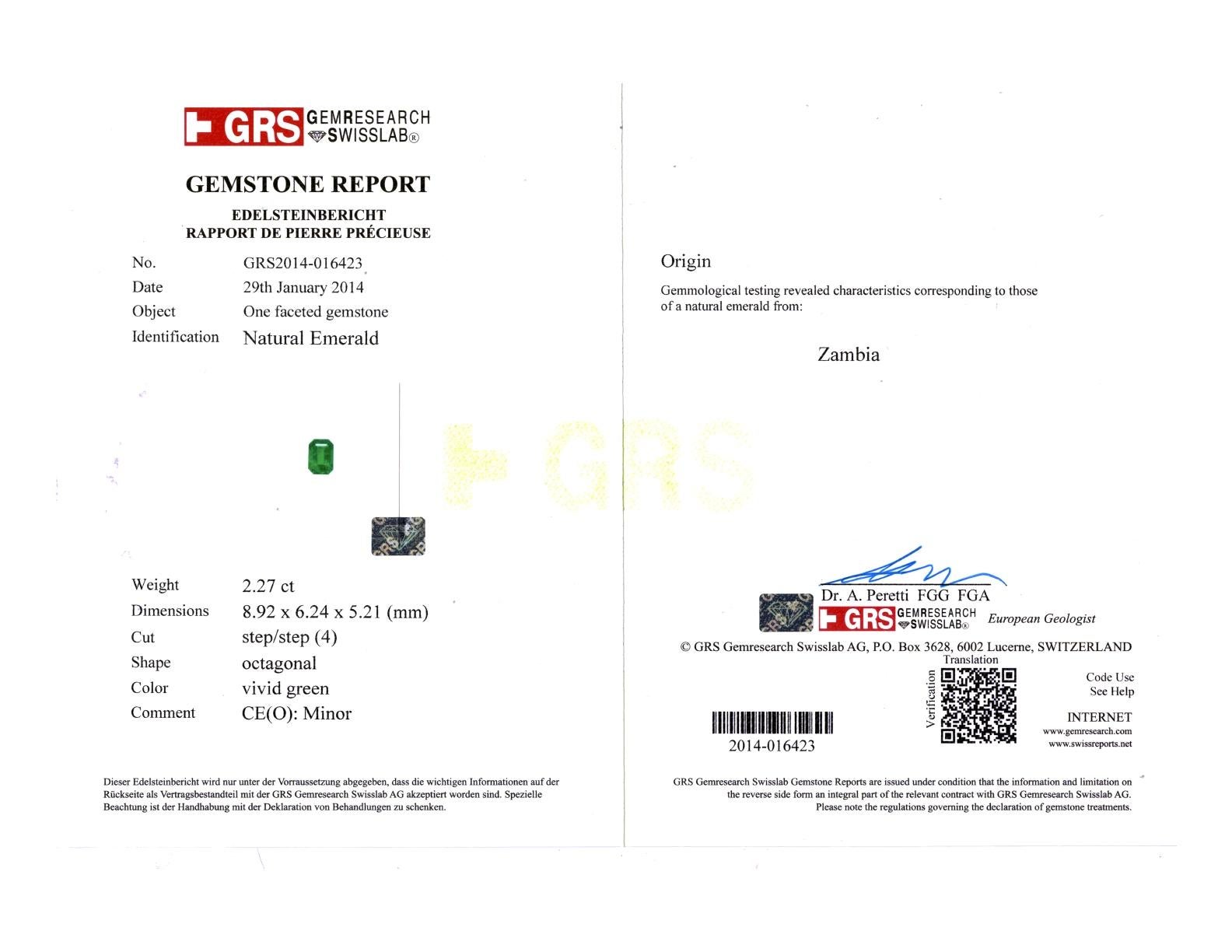 Anello a tre pietre con smeraldo e diamante certificato GRS da 2,27 carati Vivid G. In condizioni Nuovo in vendita a Bangkok, Bangkok