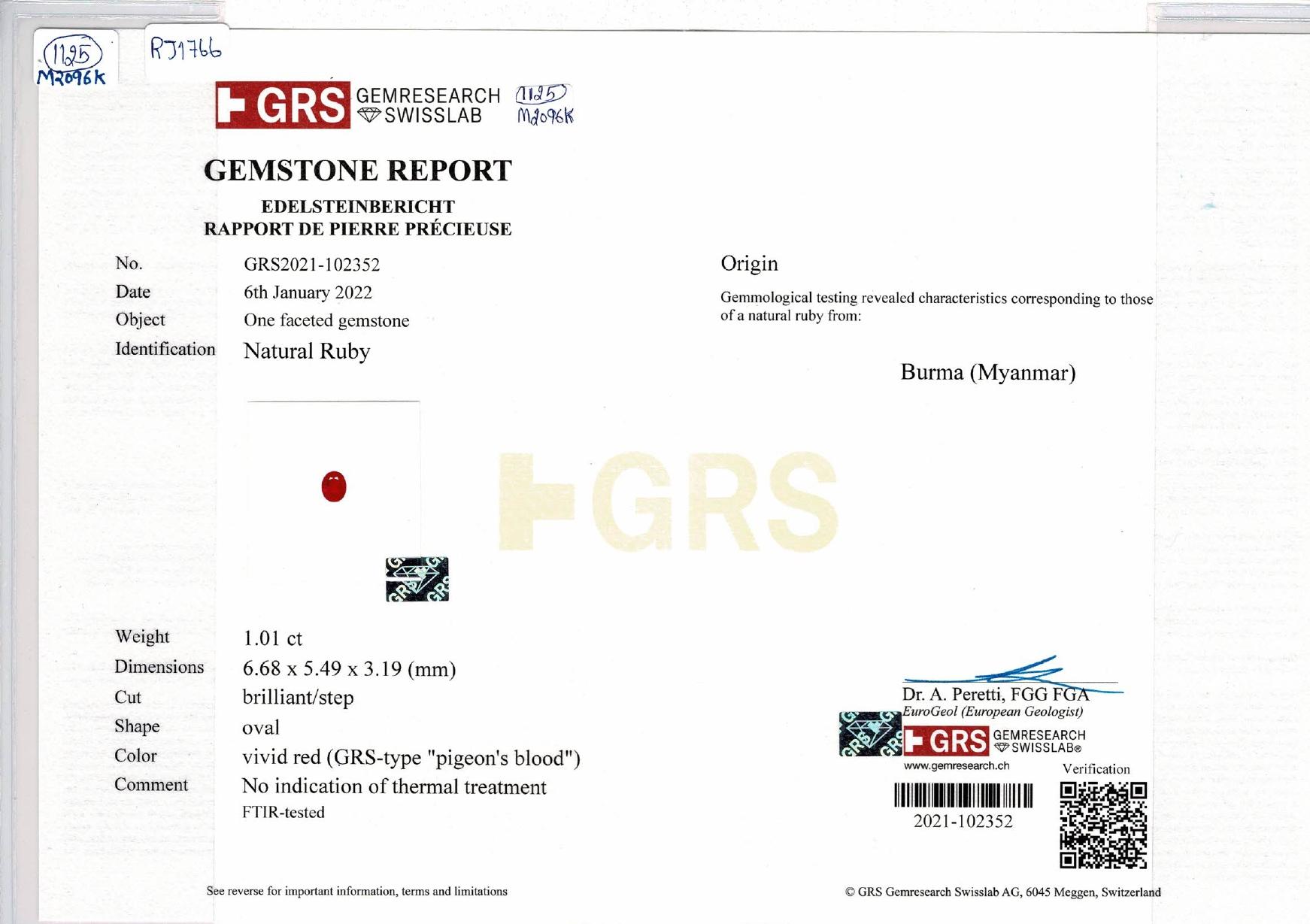Women's GRS Certified 2.28 Carat No Heat Burma Pigeon Blood Ruby in 18 Karat White Gold For Sale
