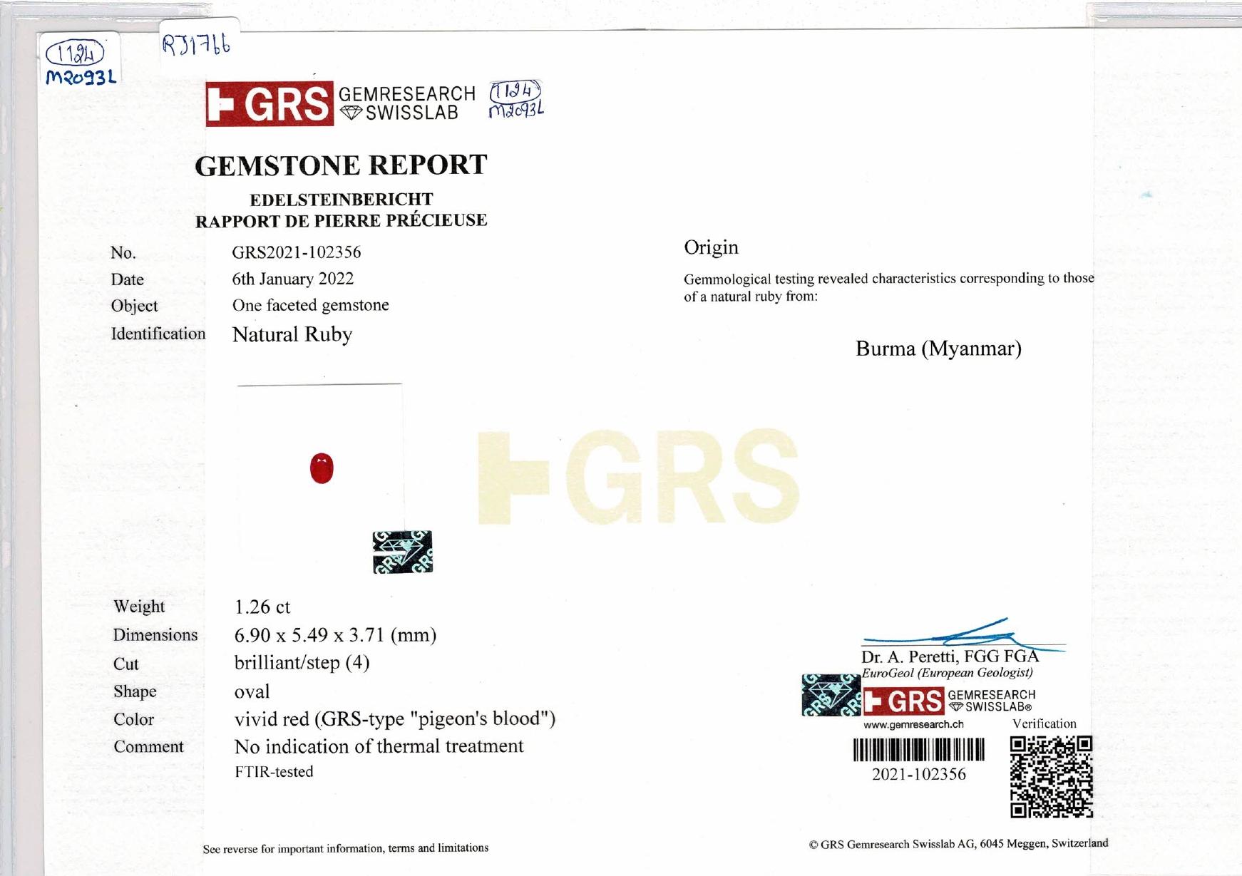 GRS Certified 2.28 Carat No Heat Burma Pigeon Blood Ruby in 18 Karat White Gold For Sale 1