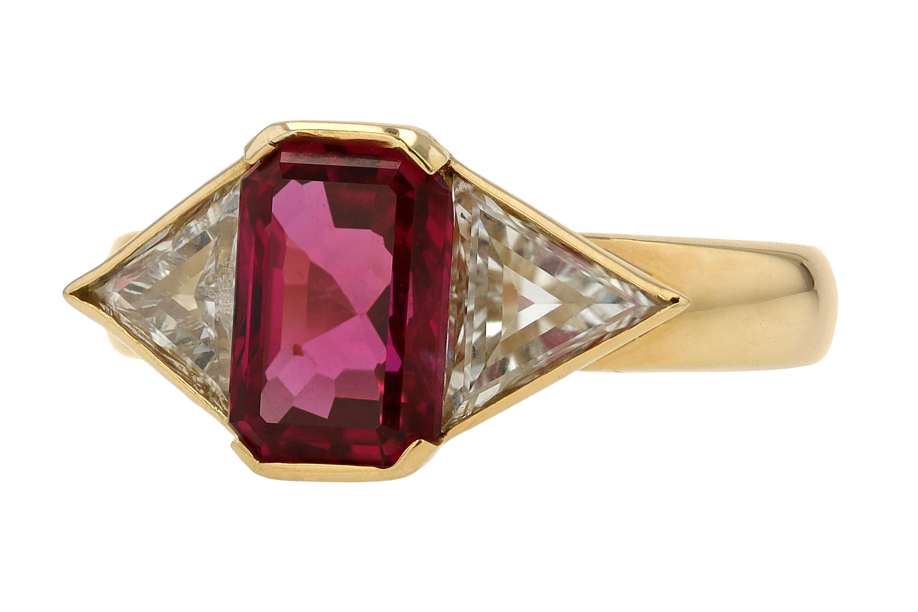 Octagon Cut GRS Certified 2.31 Carat Vivid Ruby 3 Stone Engagement Ring For Sale