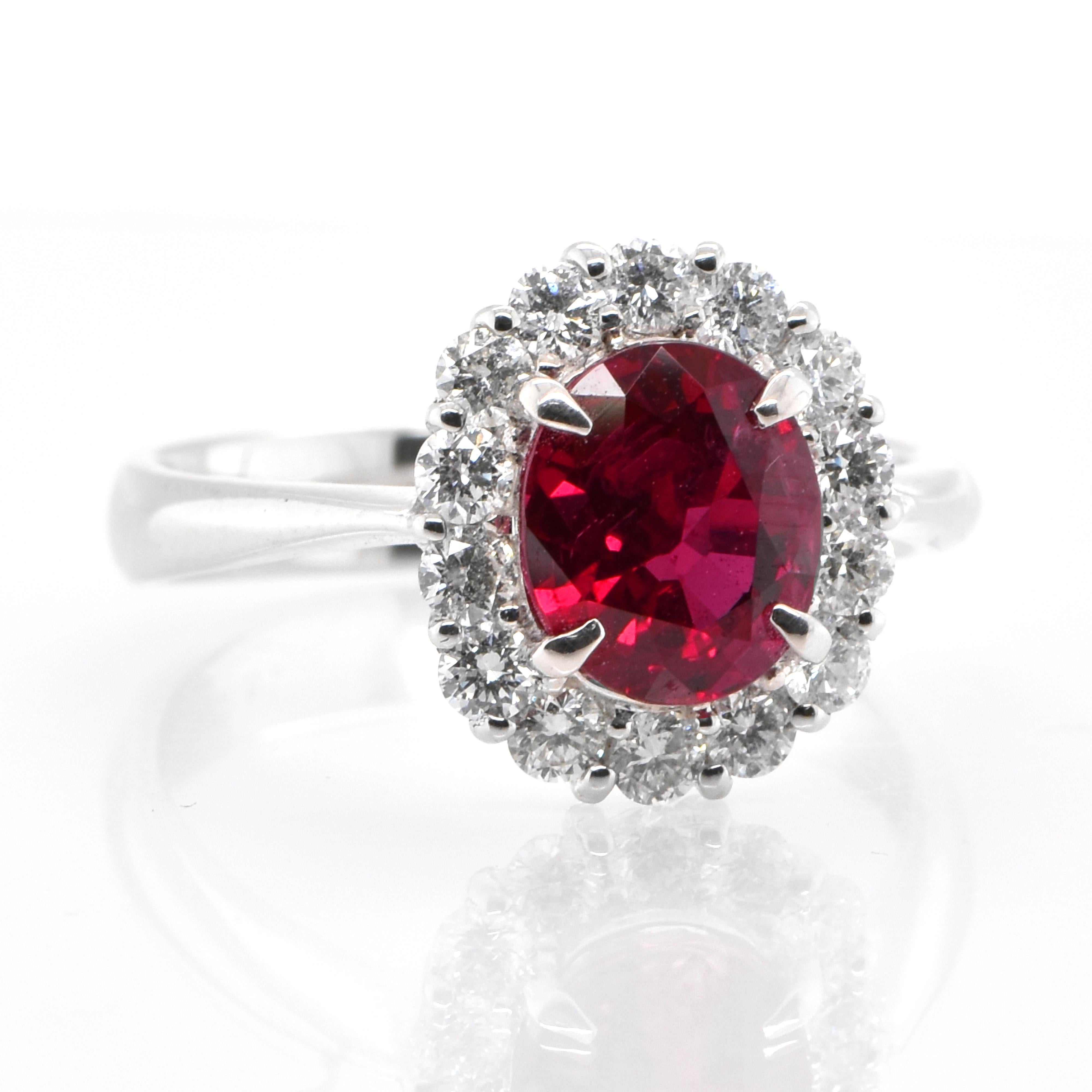 Modern GRS Certified 2.33 Carat Natural, Vivid Red, Thai Ruby Halo Ring Set in Platinum For Sale