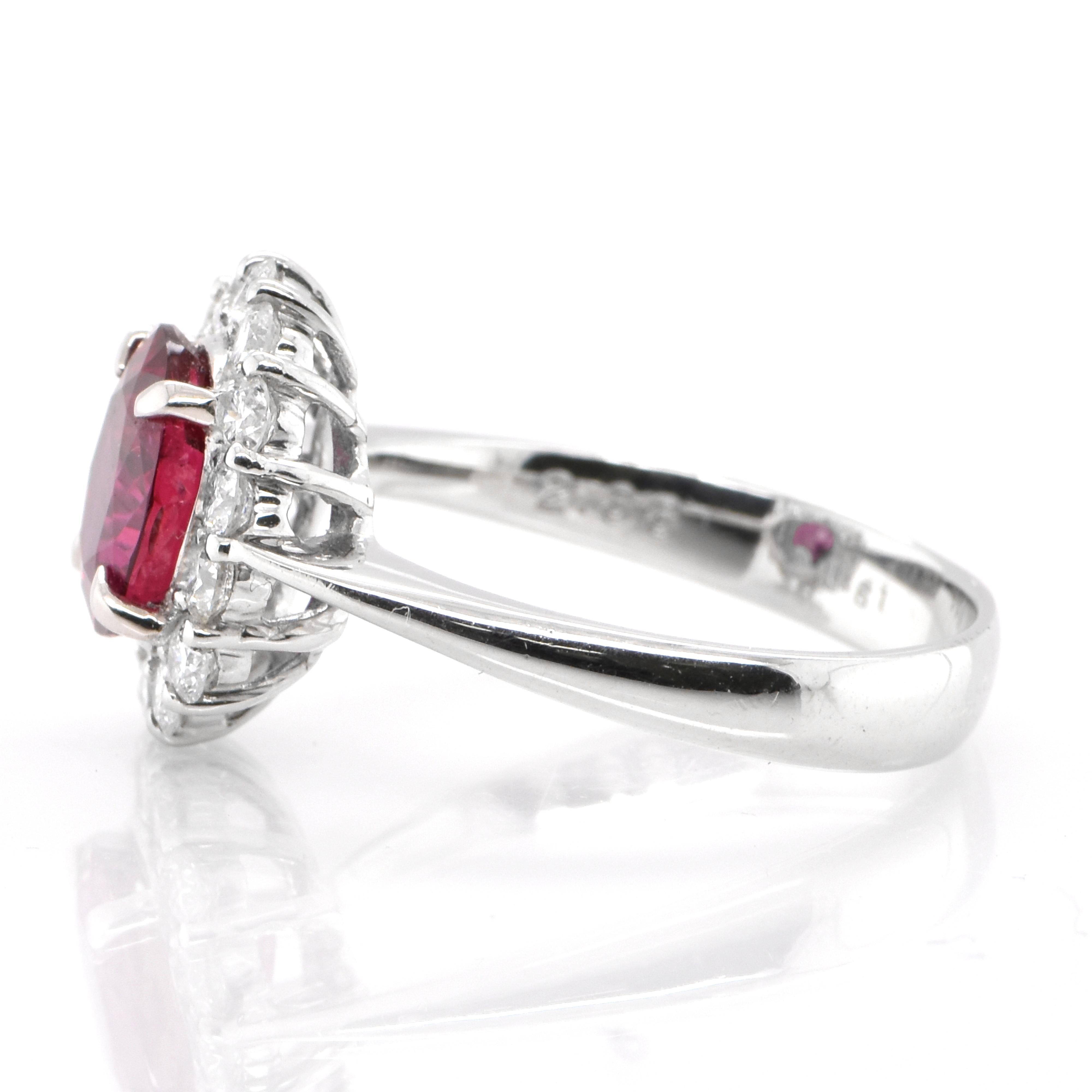 Oval Cut GRS Certified 2.33 Carat Natural, Vivid Red, Thai Ruby Halo Ring Set in Platinum For Sale