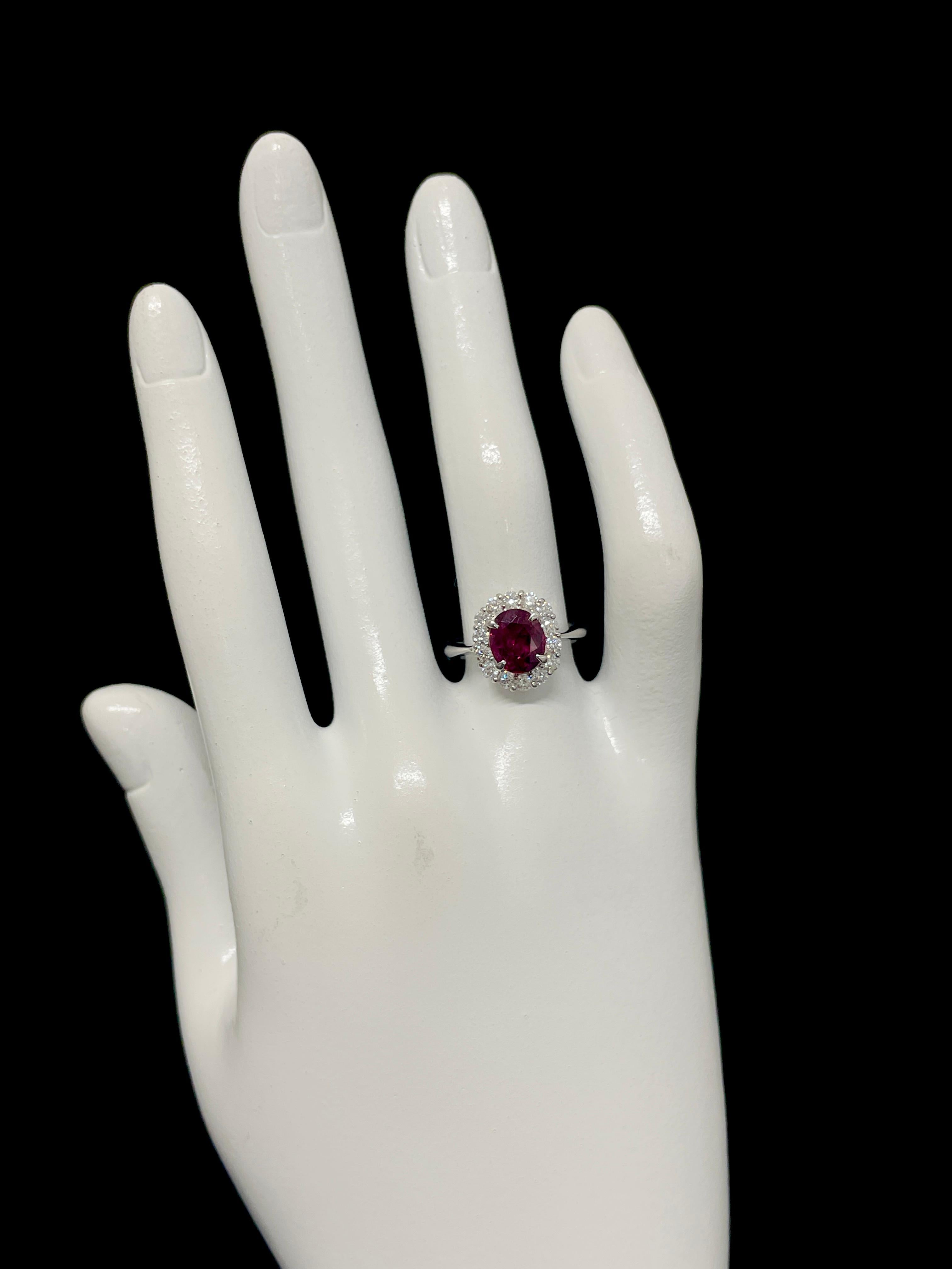 GRS Certified 2.33 Carat Natural, Vivid Red, Thai Ruby Halo Ring Set in Platinum For Sale 1