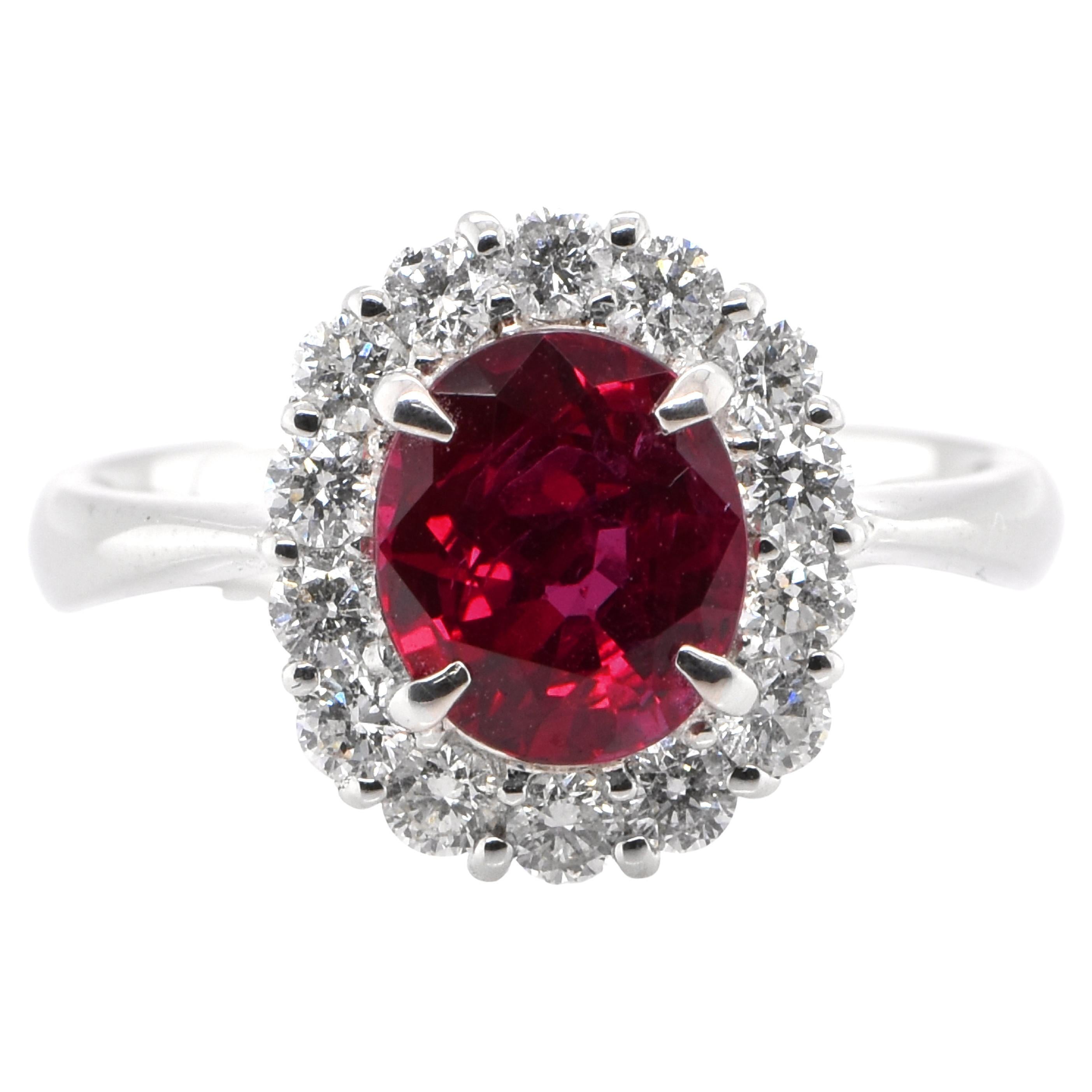GRS Certified 2.33 Carat Natural, Vivid Red, Thai Ruby Halo Ring Set in Platinum For Sale