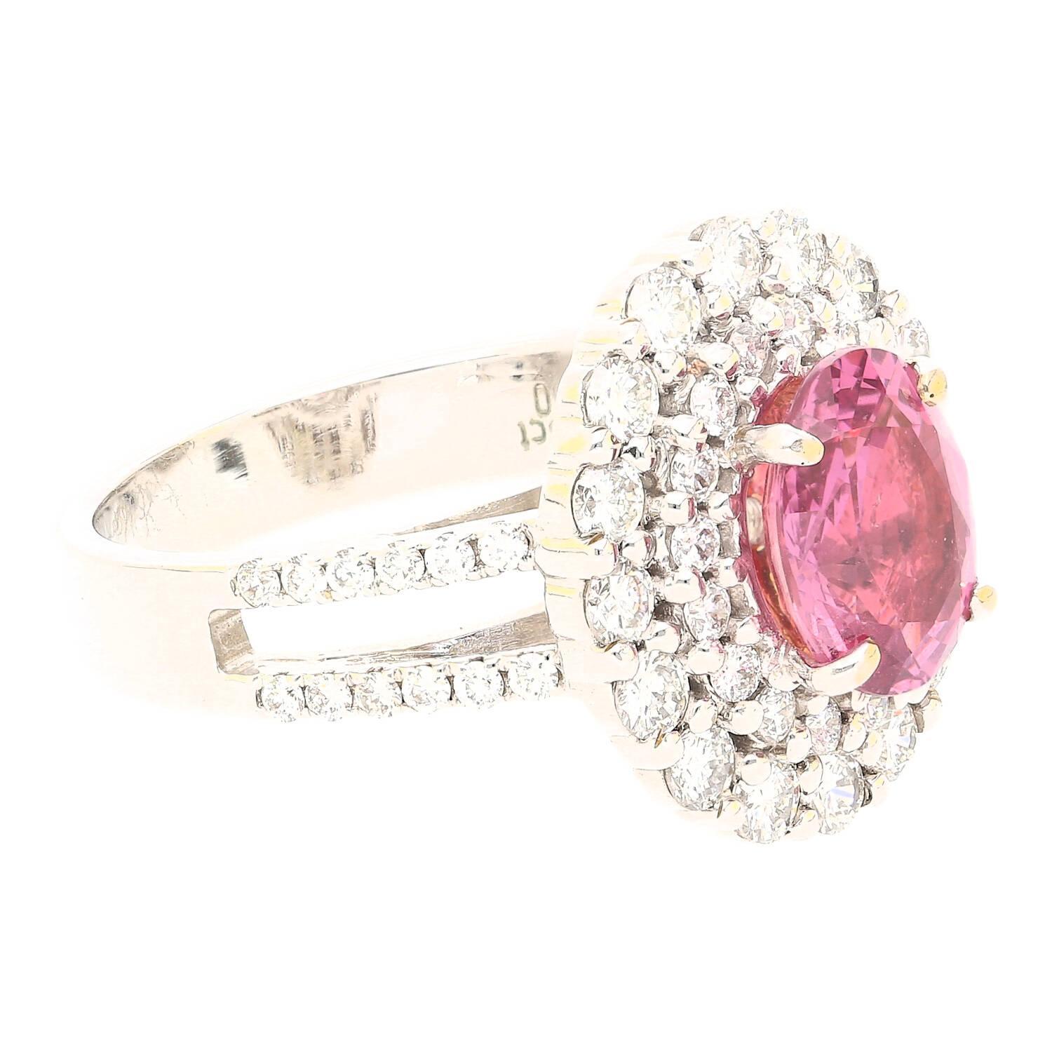 Retro GRS Certified 2.33 Carat Pink Sapphire and Diamond Ring in 18K White Gold For Sale