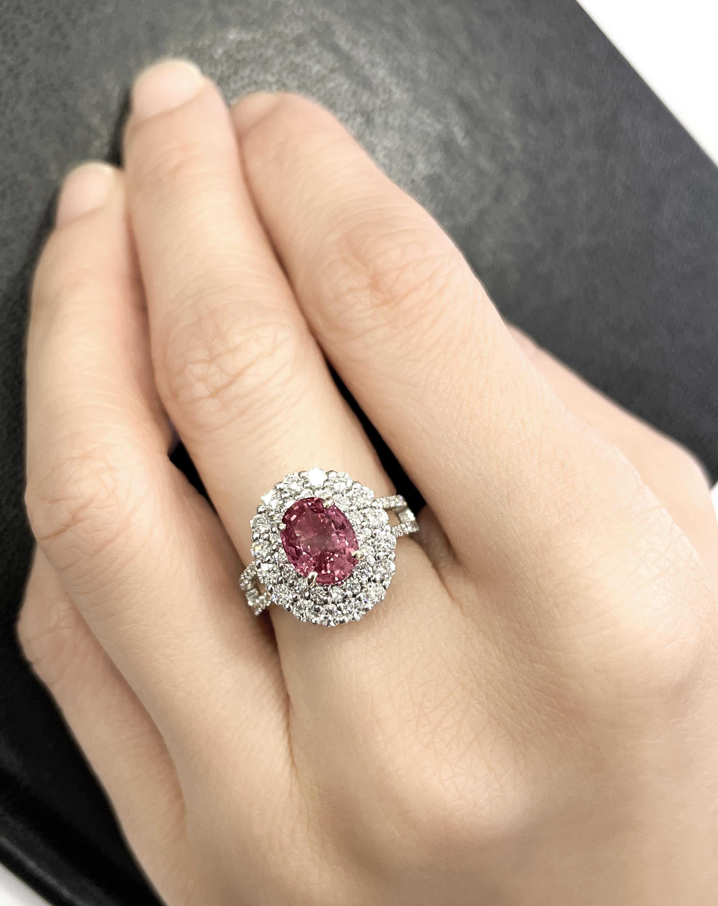 Women's GRS Certified 2.33 Carat Pink Sapphire and Diamond Ring in 18K White Gold For Sale