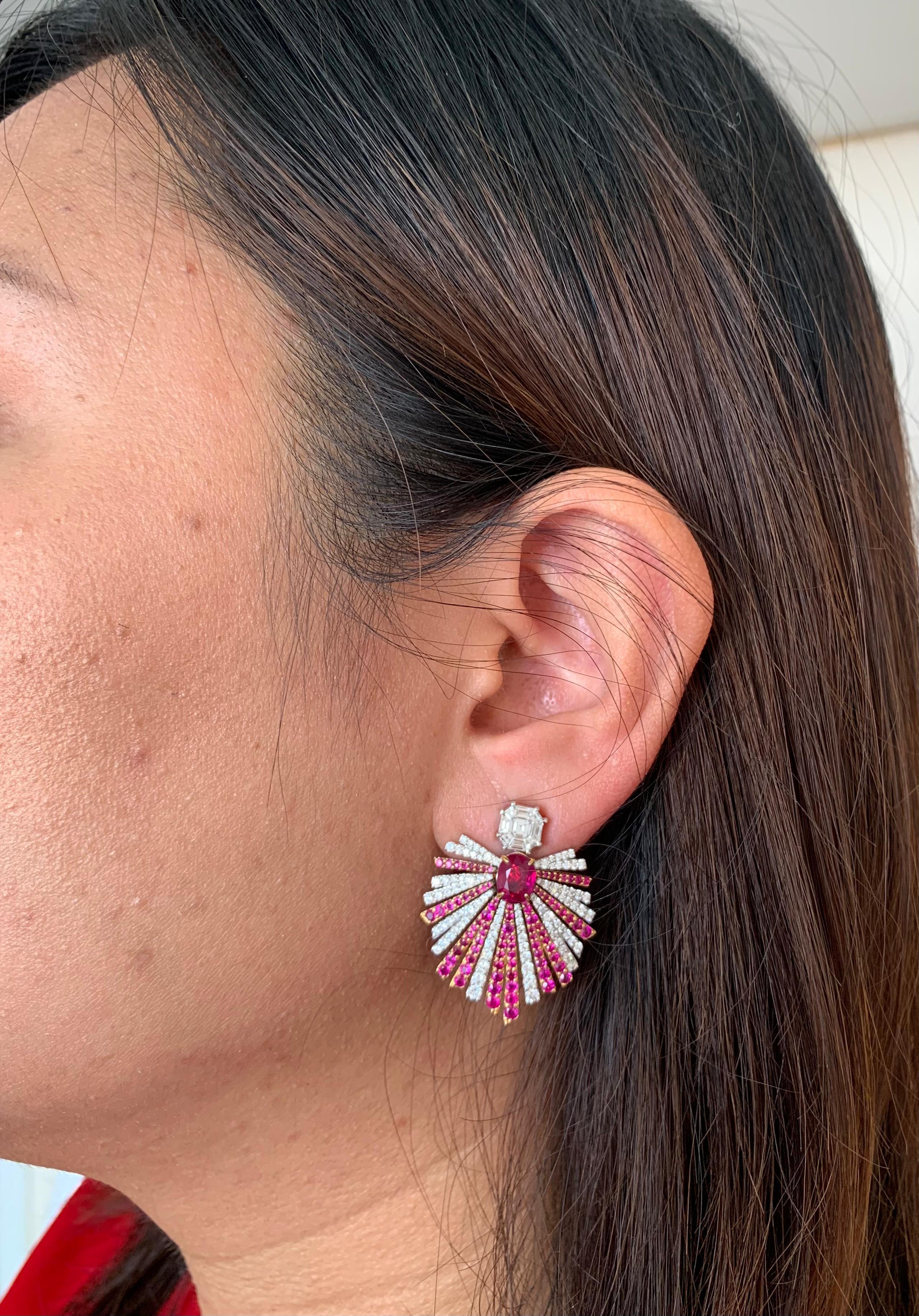 GRS Certified 2.36 Carats Pigeon Blood Ruby Earrings in 18 Karat White Gold For Sale 2