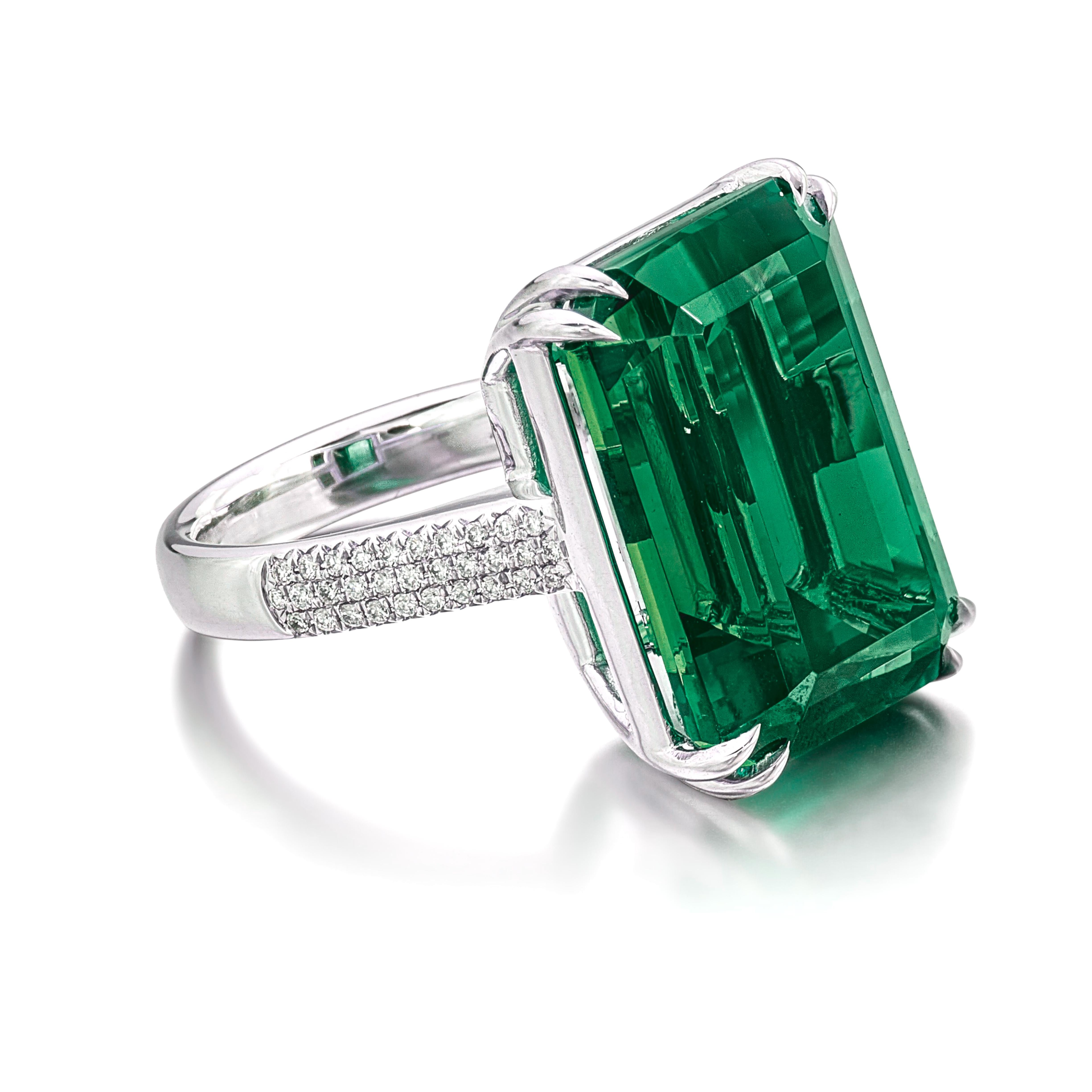 Contemporary GRS Certified 22 Carat Emerald Minor Oil Colombian Green Emerald Ring For Sale