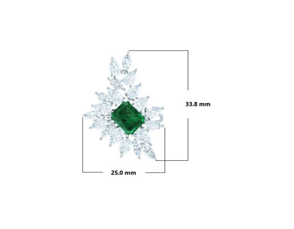 Emerald Cut GRS Certified 2.40 Carat Insignificant Oil Vivid Zambian Emerald & Diamond Ring For Sale