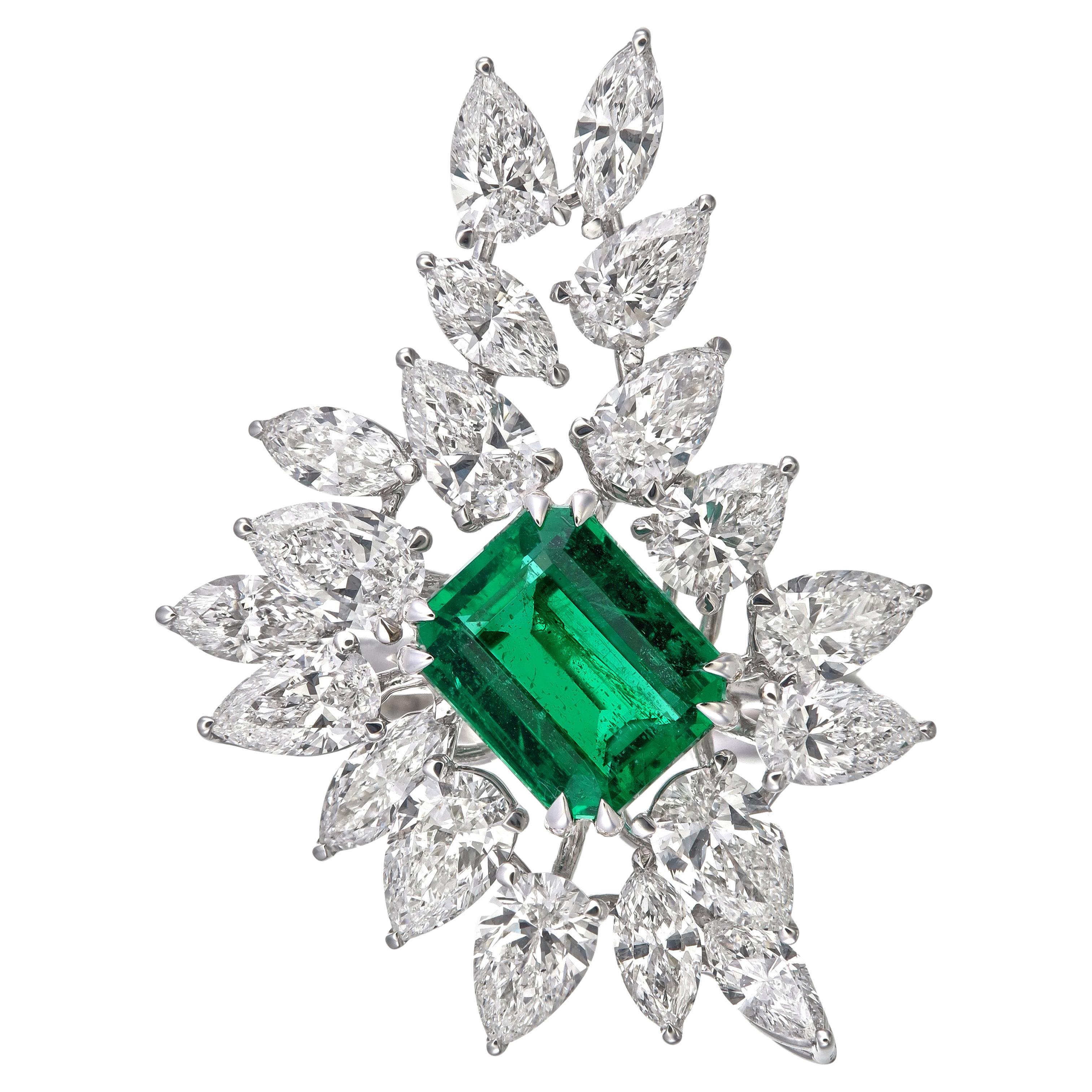 GRS Certified 2.40 Carat Insignificant Oil Vivid Zambian Emerald & Diamond Ring For Sale