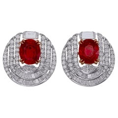GRS Certified 2.44 Carat Burmese Pigeon Blood Ruby And Diamond Earrings In 18K