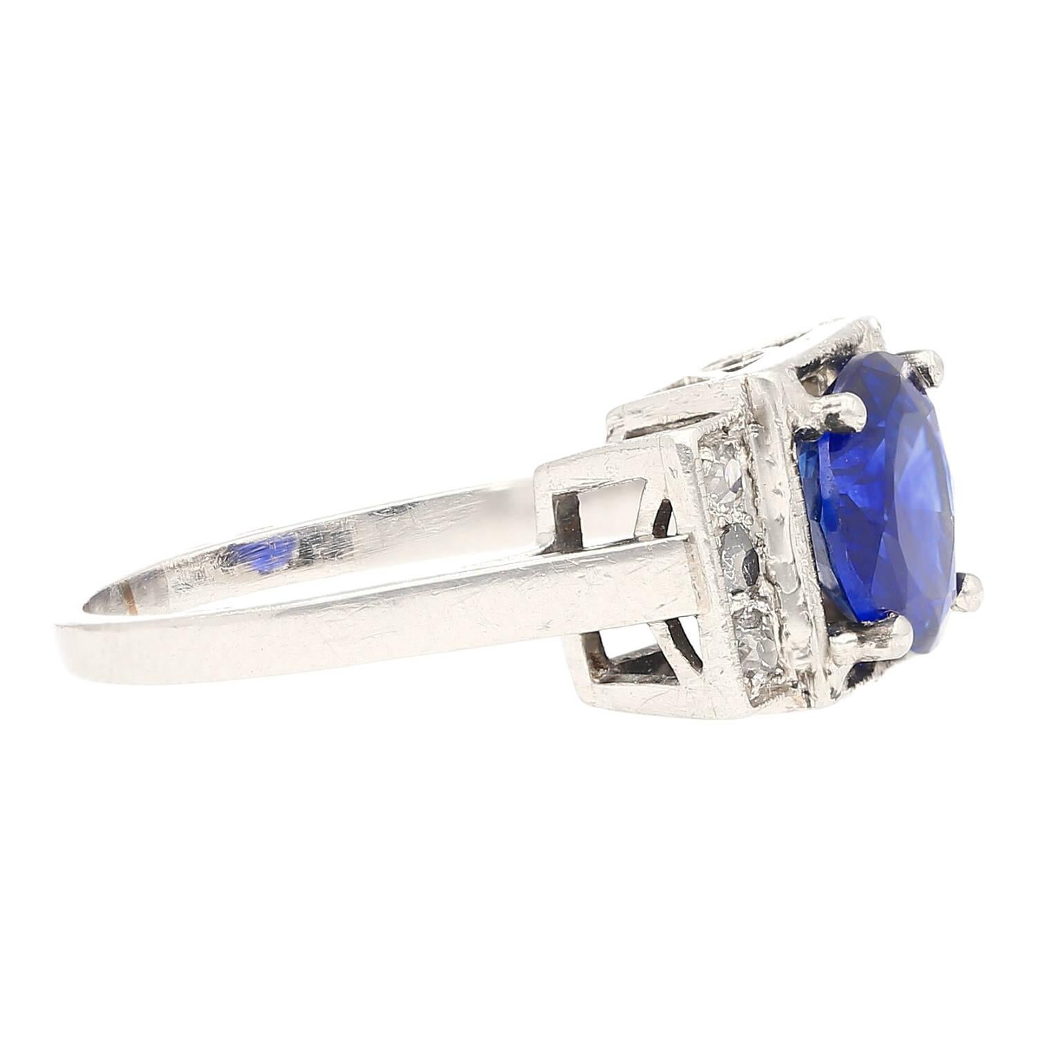 Art Deco GRS Certified 2.47 Carat No Heat Royal Blue Sapphire & Diamond Platinum Ring For Sale