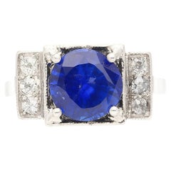 Vintage GRS Certified 2.47 Carat No Heat Royal Blue Sapphire & Diamond Platinum Ring