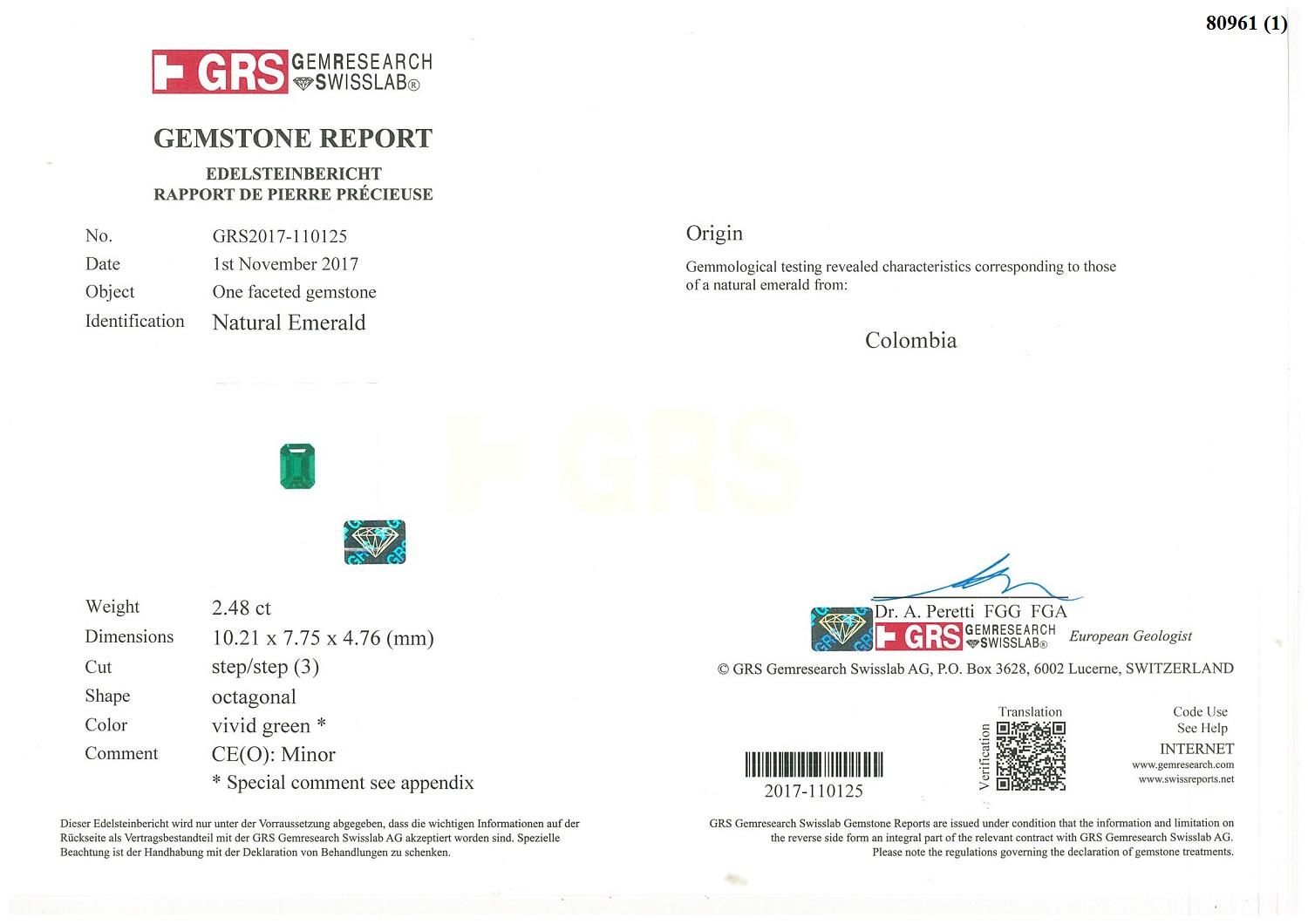 GRS Certified 2.48 Carat Colombia Emerald Ring 'Muzo' 'Vivid Green' 15