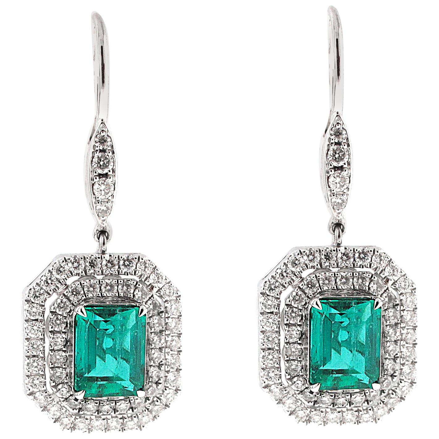 GRS Certified 2.48 Carat No Oil Columbian Emerald and Diamond Earrings
