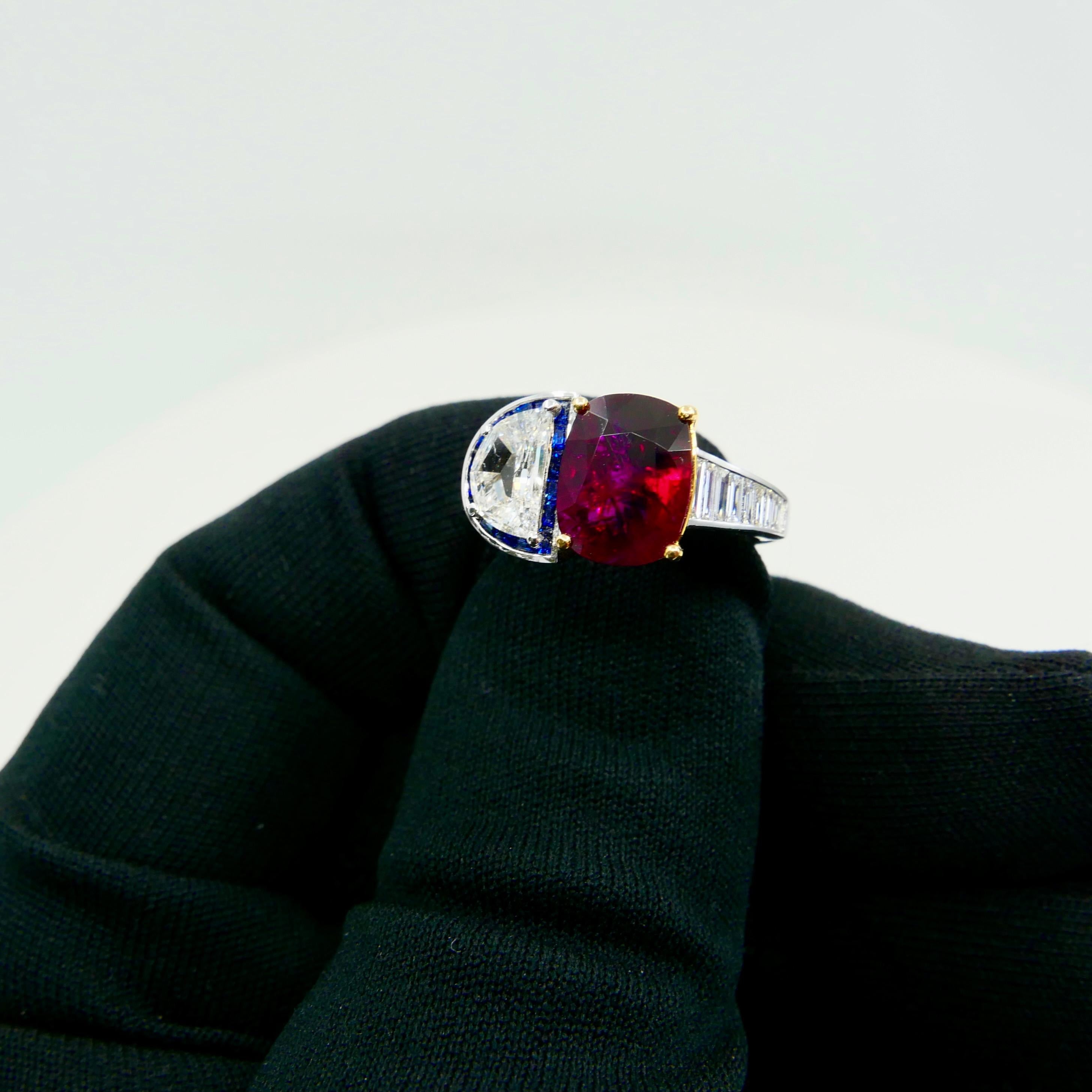 Cushion Cut GRS Certified 2.4cts Burma No Heat Pigeon's Blood Red Ruby and Diamond Ring