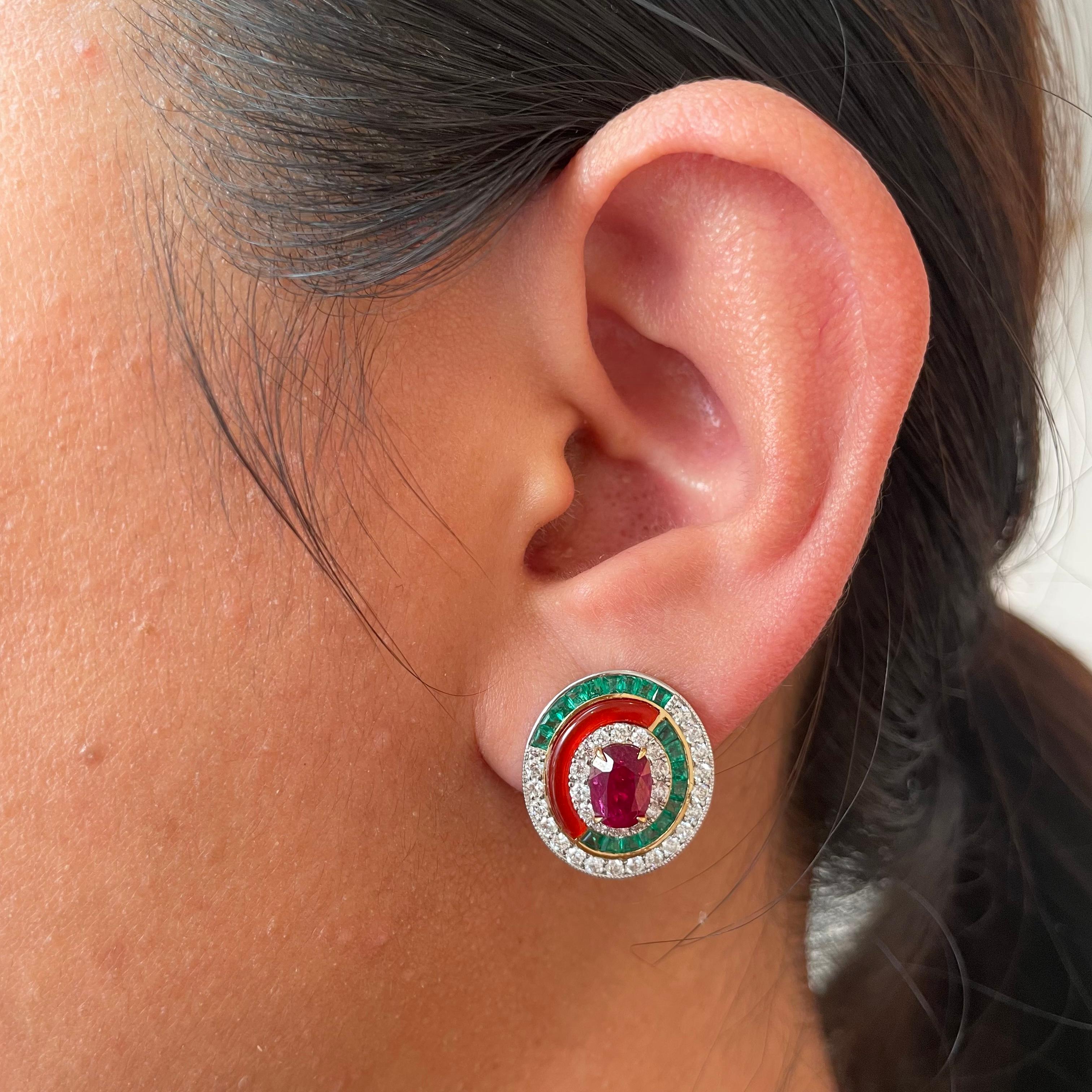 GRS Certified 2.50 Carat Burmese Pigeon Blood No Heat Ruby and Diamond Earrings For Sale 2