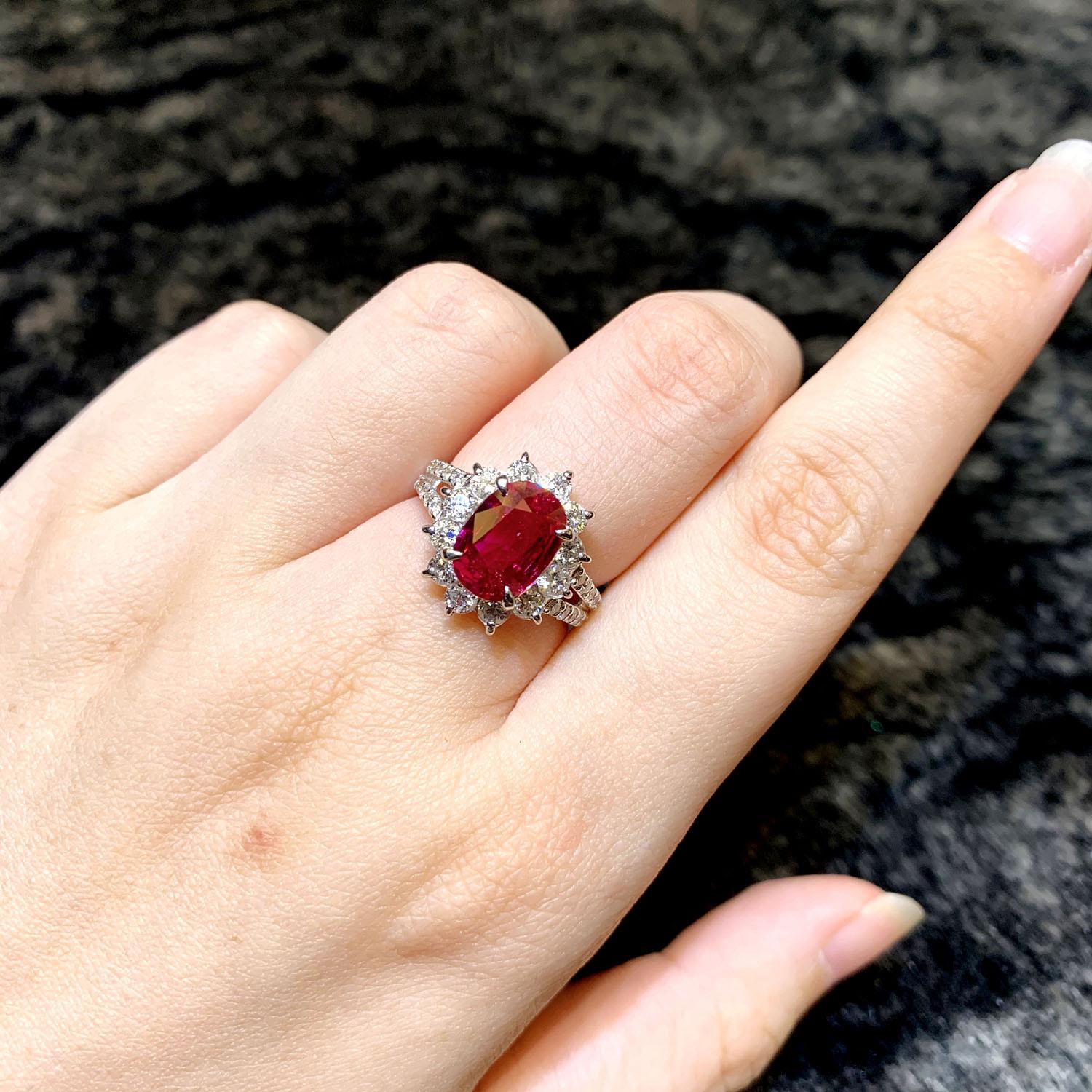 Oval Cut GRS Certified 2.51 Carat Red Mozambique Ruby and 1.28 Carat Diamond in Platinum
