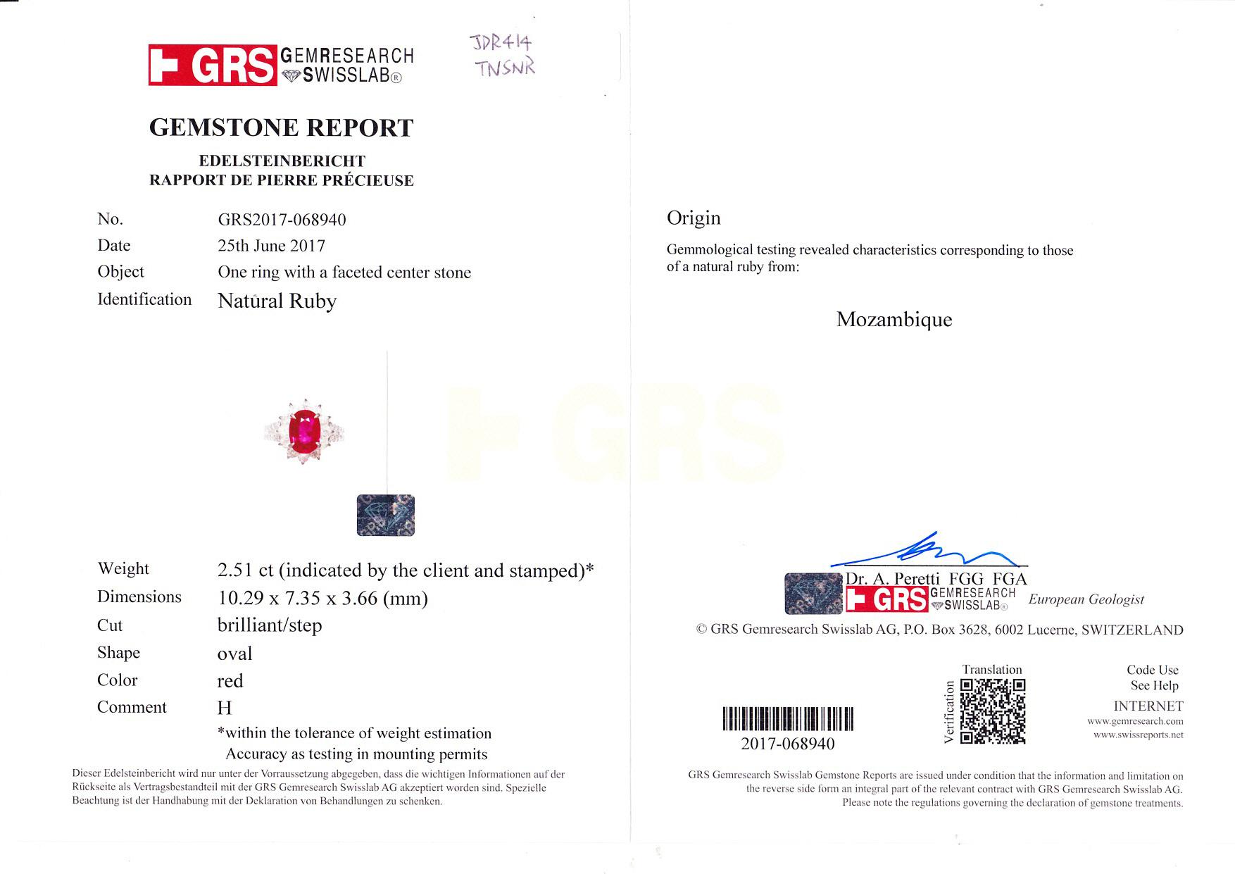 GRS Certified 2.51 Carat Red Mozambique Ruby and 1.28 Carat Diamond in Platinum In New Condition In Hung Hom, HK
