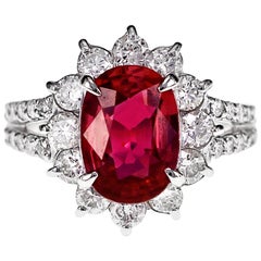 GRS Certified 2.51 Carat Red Mozambique Ruby and 1.28 Carat Diamond in Platinum
