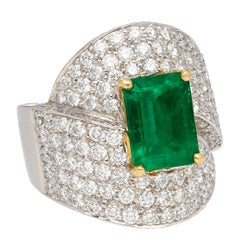 GRS Certified 2.53 Carat Vivid Green Colombian Minor Oil Emerald & Diamond Ring