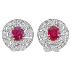 GRS Certified 2.58 Carat Pigeon Blood Burma No Heat Ruby Diamond Stud Earrings