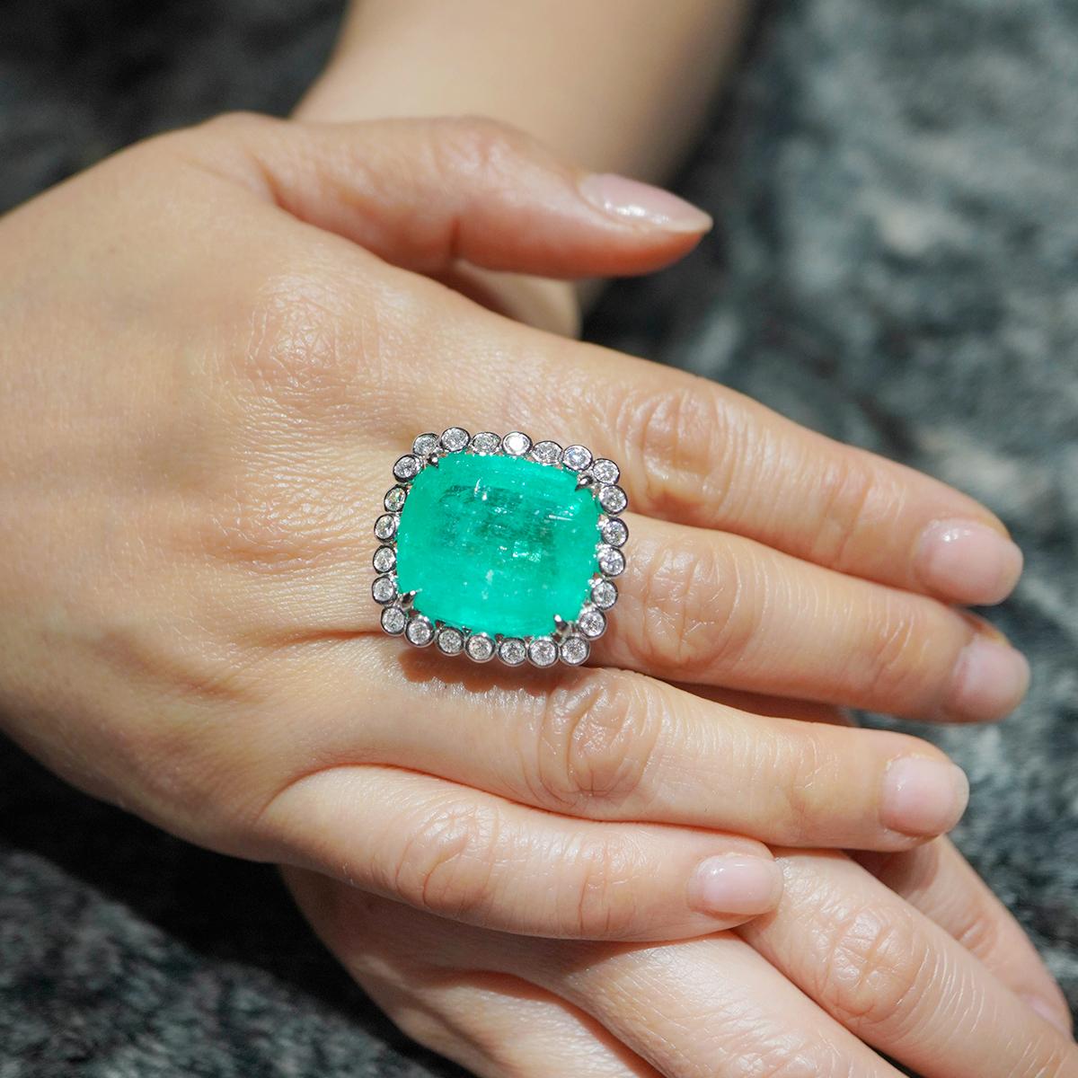 Art Nouveau GRS Certified 26 Carat Massive Colombian Emerald Diamond Statement 18K Ring For Sale
