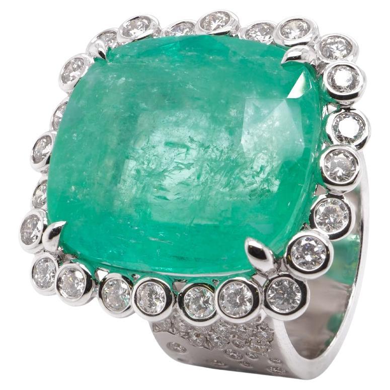 GRS Certified 26 Carat Massive Colombian Emerald Diamond Statement 18K Ring For Sale
