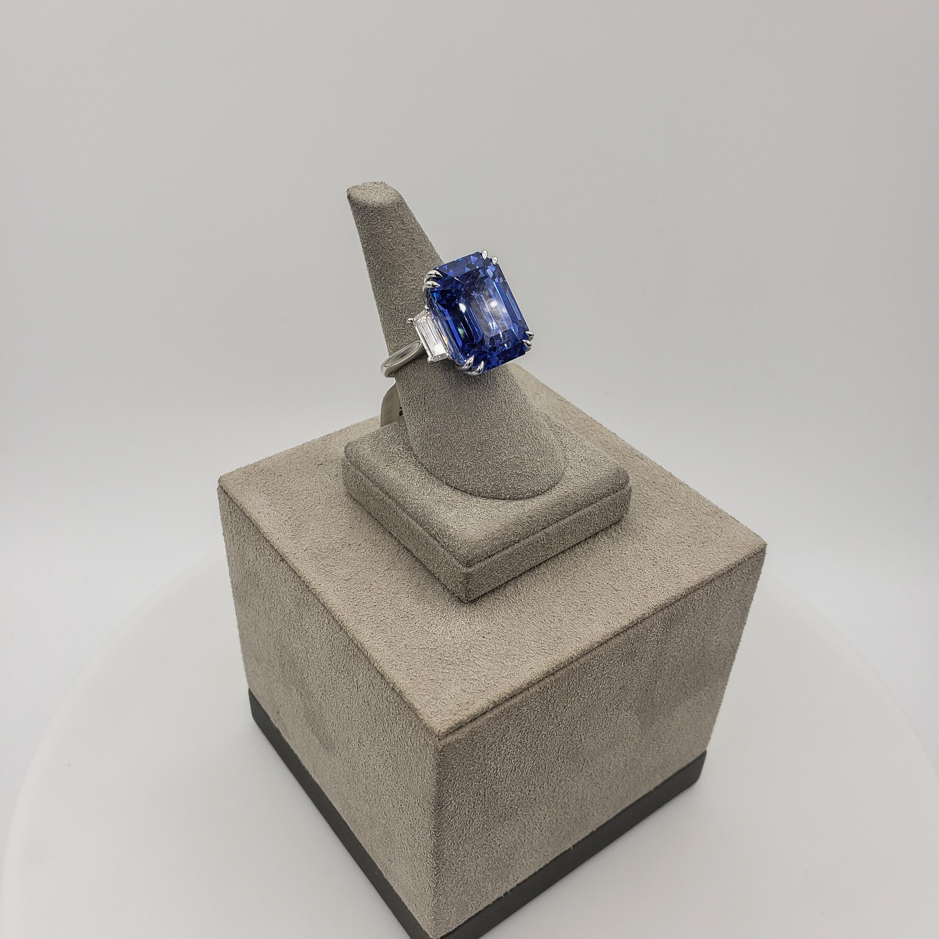 26.14 Carats Emerald Cut Ceylon Blue Sapphire & Diamond Engagement Ring For Sale 4