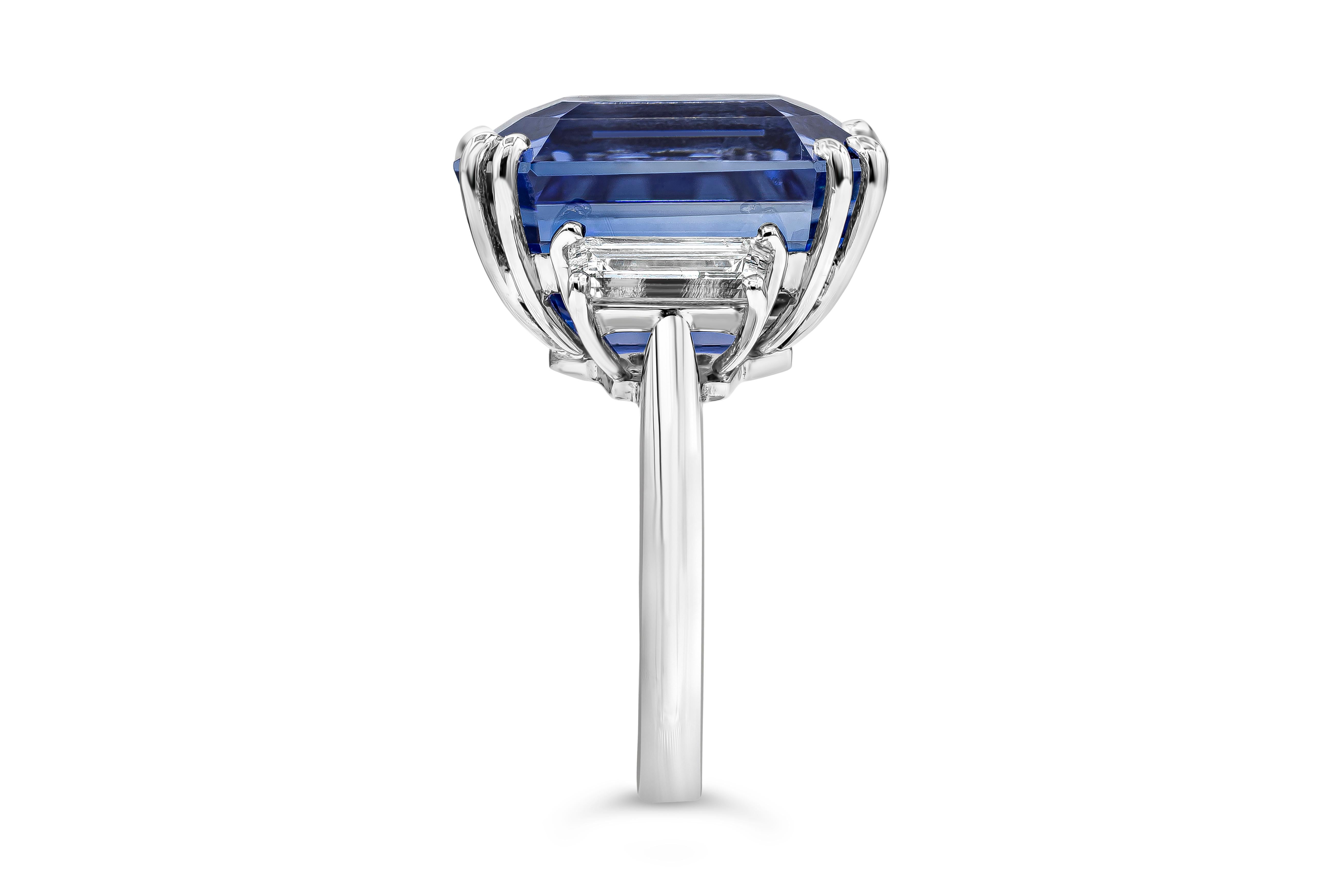 Contemporary 26.14 Carats Emerald Cut Ceylon Blue Sapphire & Diamond Engagement Ring For Sale