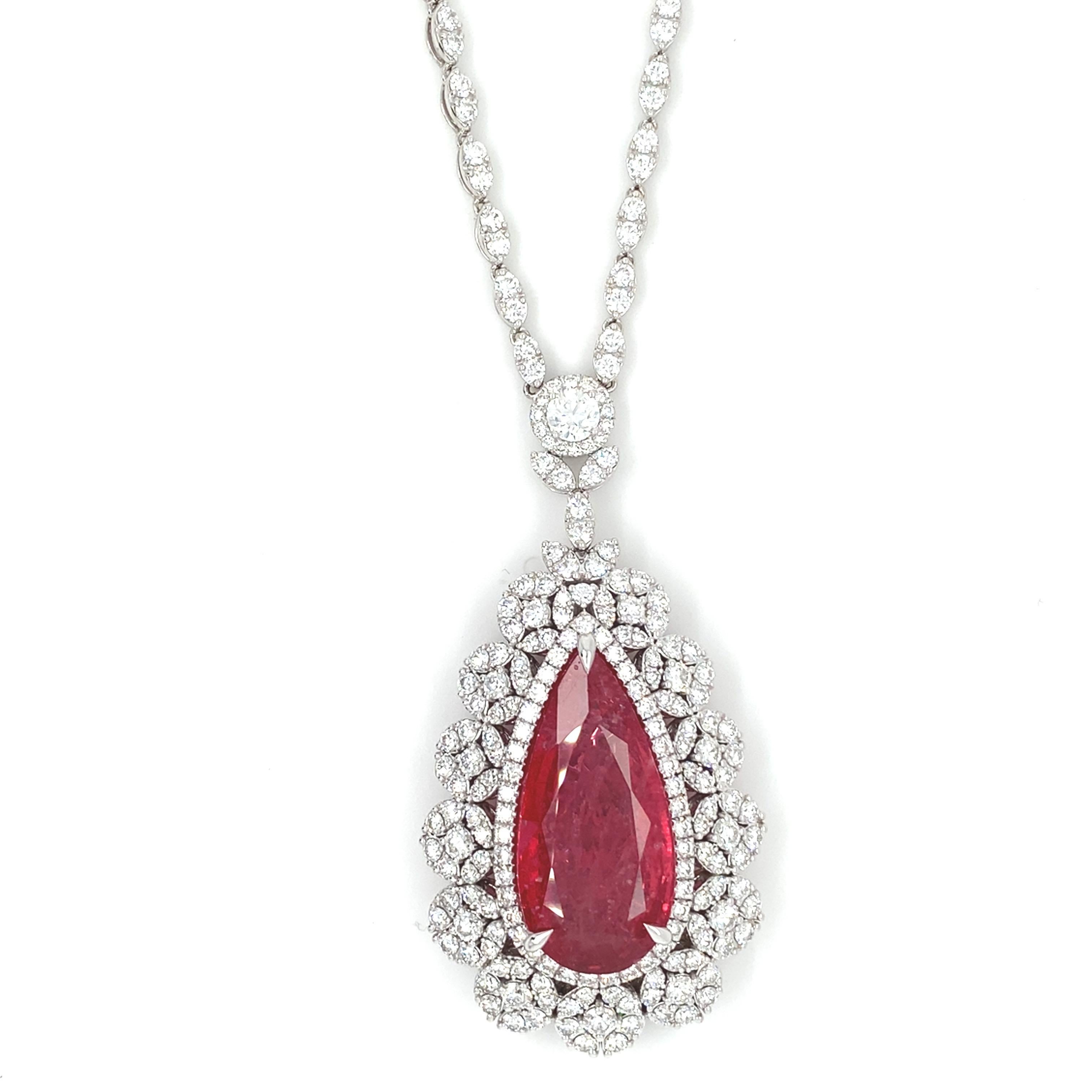 Artisan GRS Certified 26.22 Carat Pear Cut Tanzanian Pink Spinel Diamond Necklace For Sale