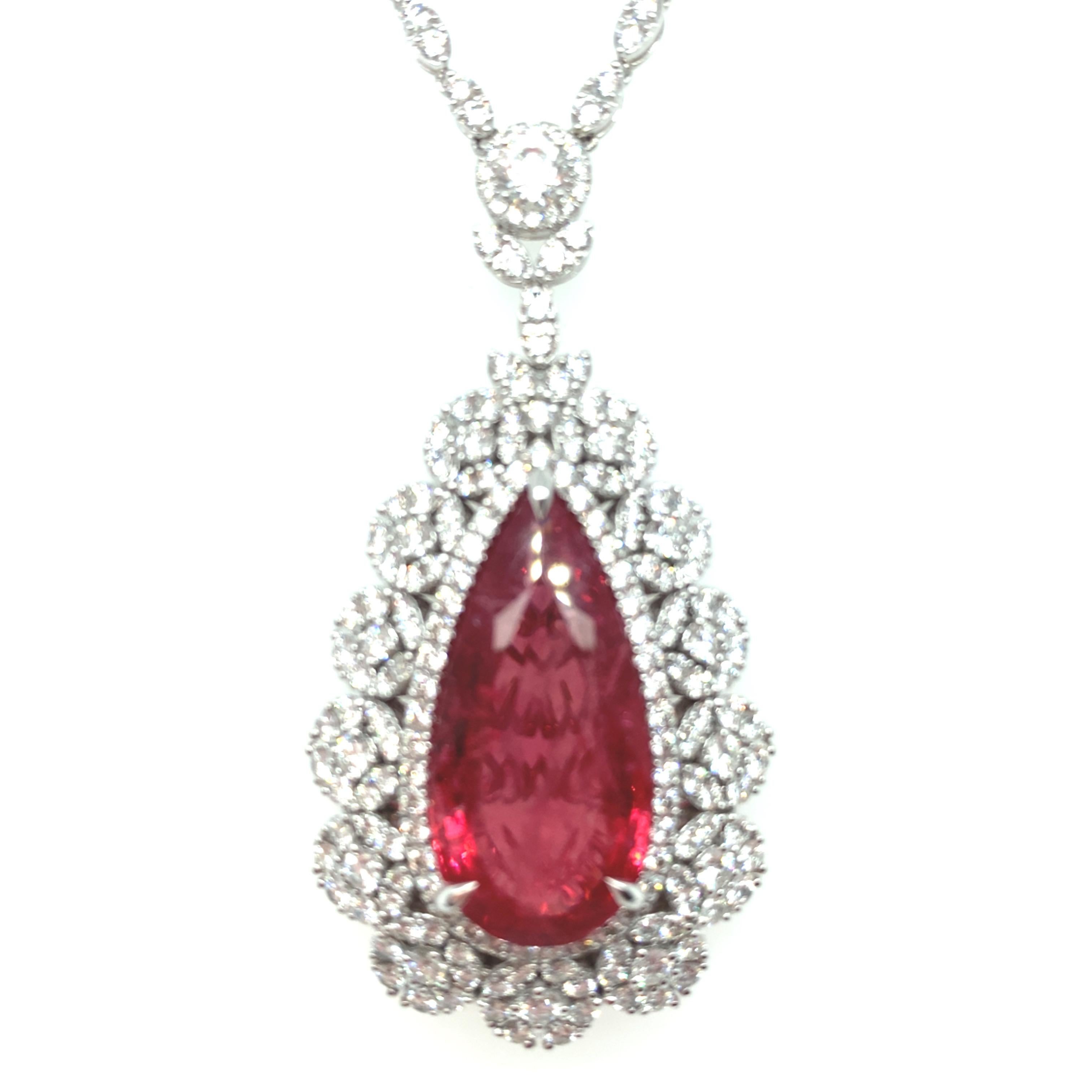 GRS Certified 26.22 Carat Pear Cut Tanzanian Pink Spinel Diamond Necklace In New Condition For Sale In Trumbull, CT