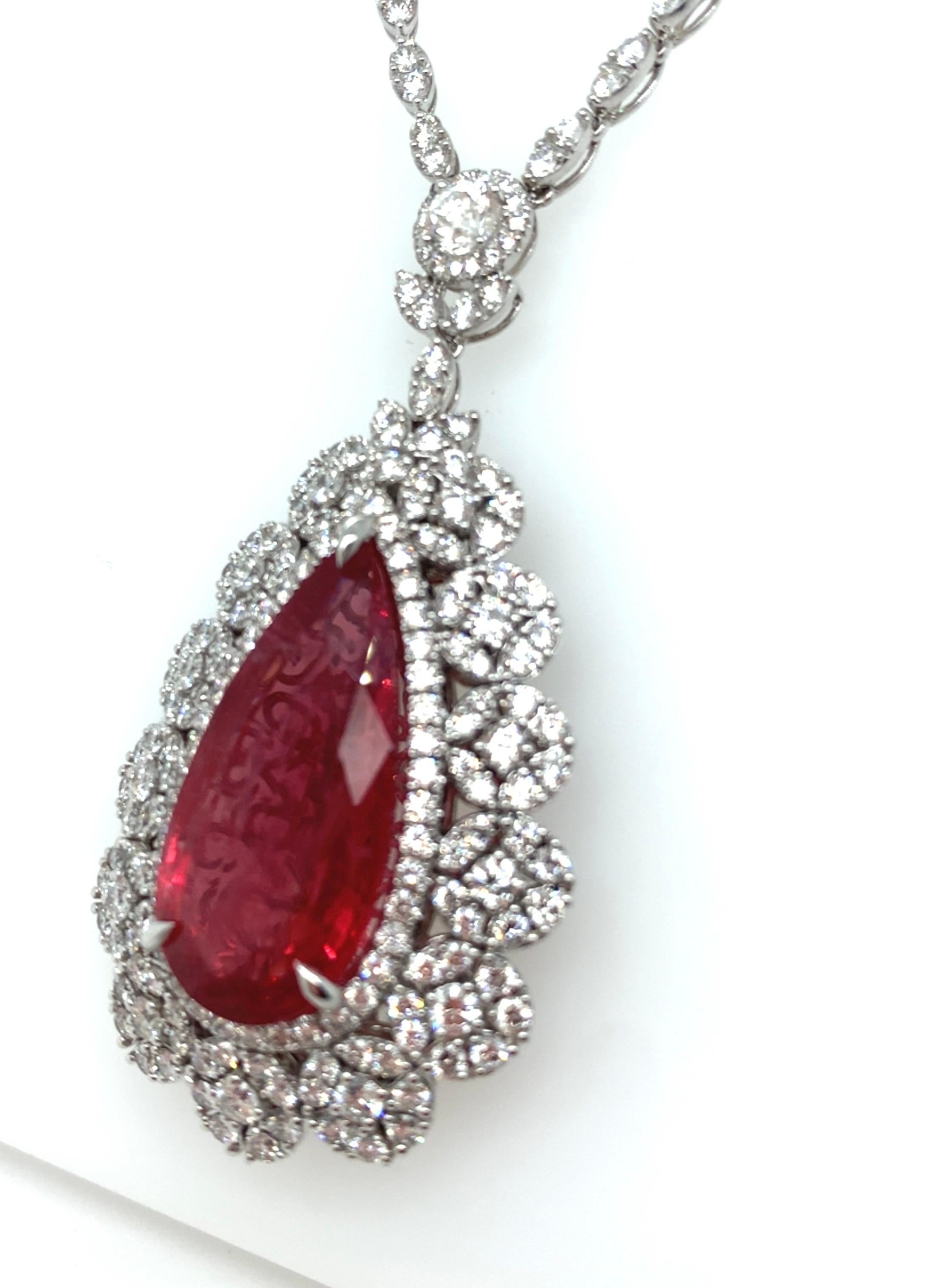 GRS Certified 26.22 Carat Pear Cut Tanzanian Pink Spinel Diamond Necklace For Sale 1