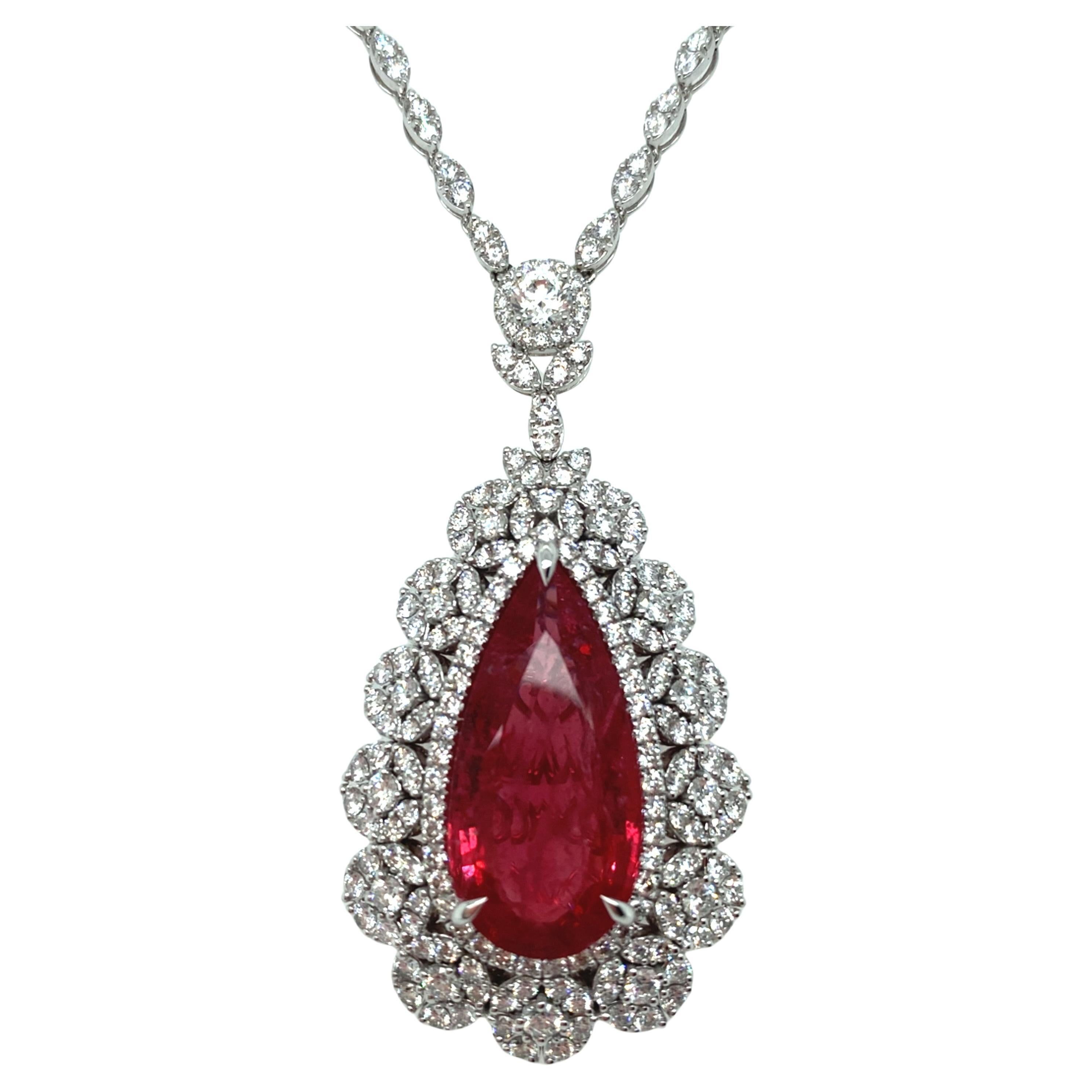 GRS Certified 26.22 Carat Pear Cut Tanzanian Pink Spinel Diamond Necklace