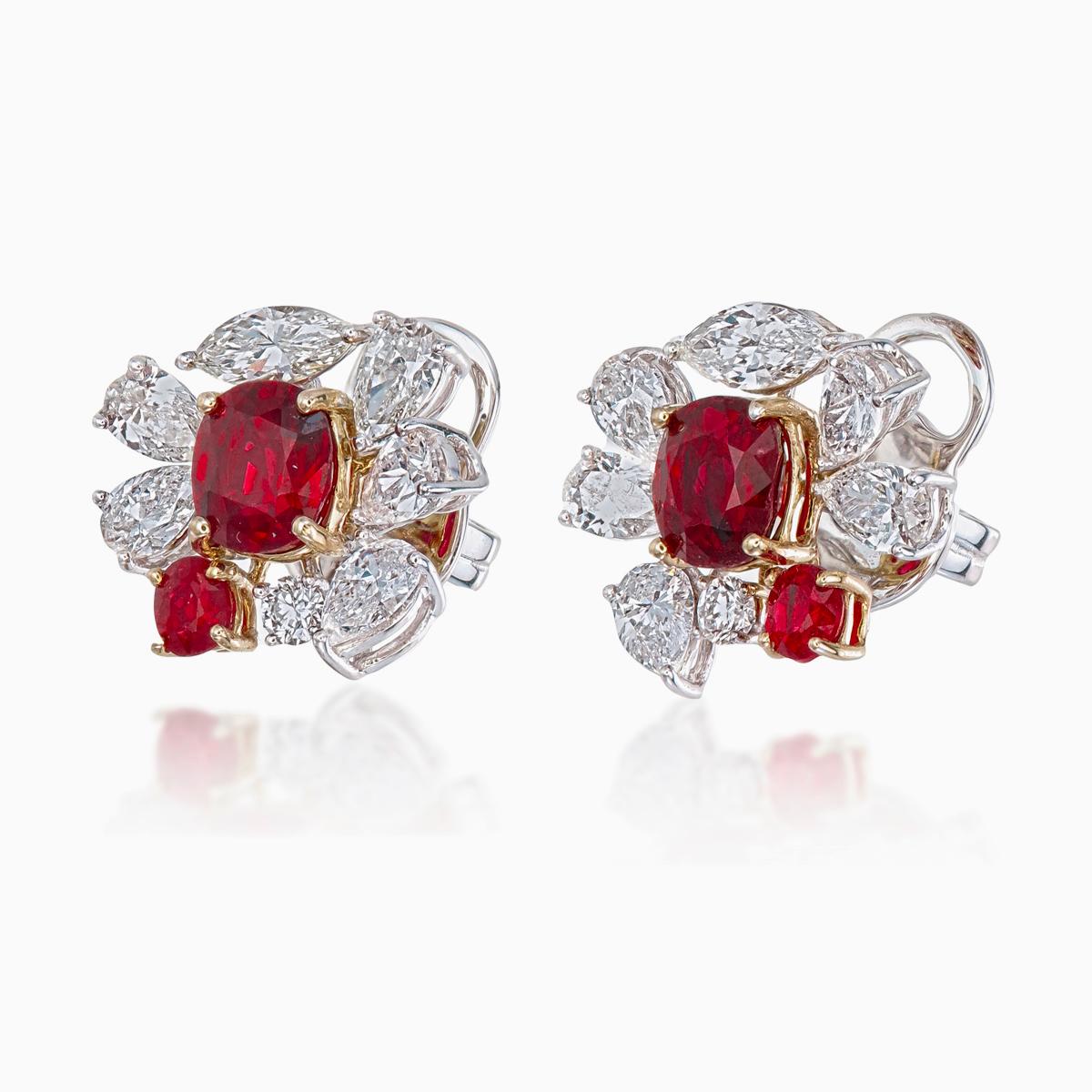 Modern GRS Certified 2.67 Carat Burmese No Heat Pigeon Blood Ruby and Diamond Earrings For Sale