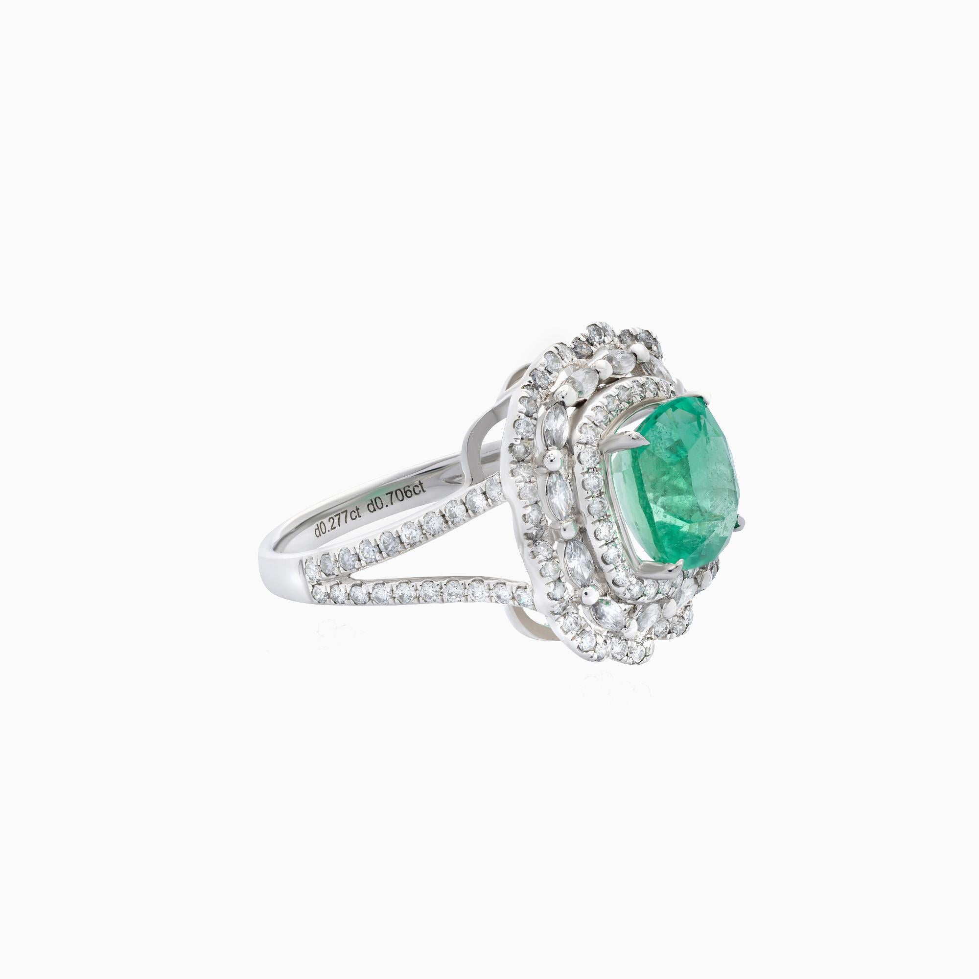 Art déco Bague en or blanc 18 carats certifiée GRS avec émeraude de 2,71 carats et diamant de 0,97 carat en vente