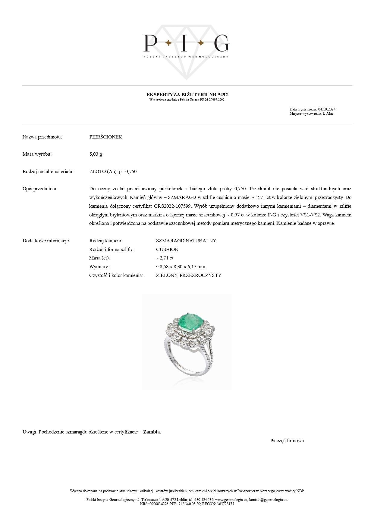 Bague en or blanc 18 carats certifiée GRS avec émeraude de 2,71 carats et diamant de 0,97 carat Neuf - En vente à Warszawa, PL