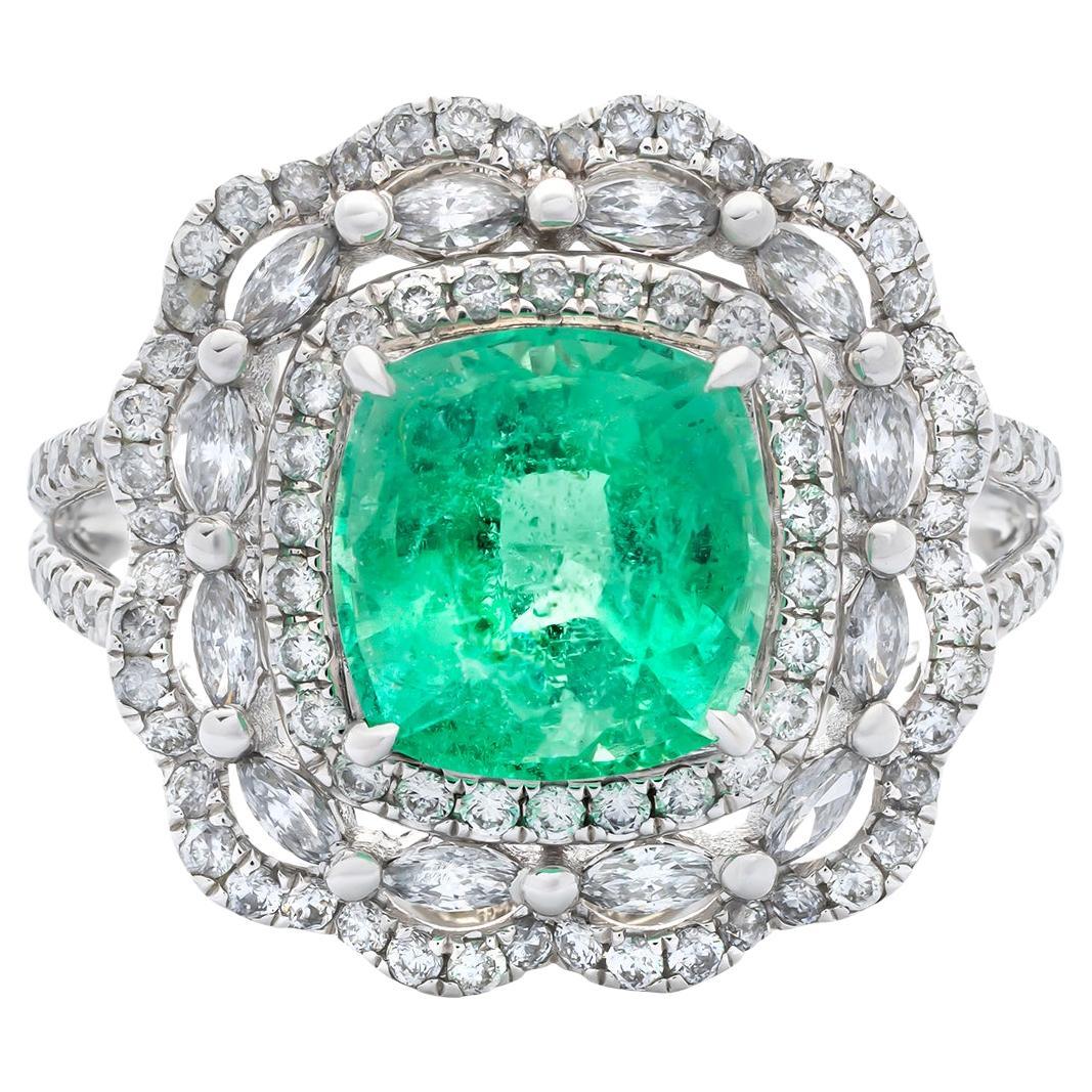 Bague en or blanc 18 carats certifiée GRS avec émeraude de 2,71 carats et diamant de 0,97 carat en vente