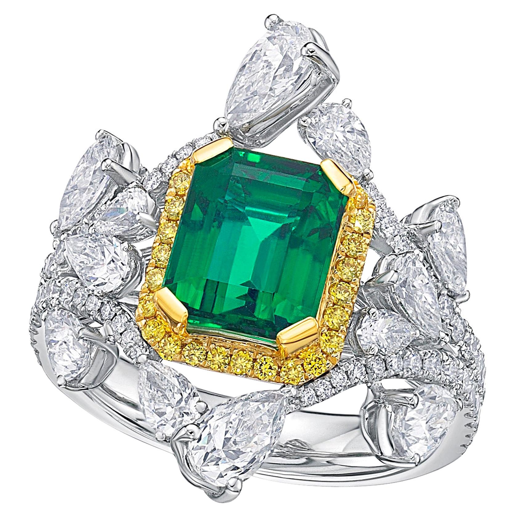 White Gold GRS Certified 2.79 Carat Zambia Emerald Yellow Diamond Ring For Sale
