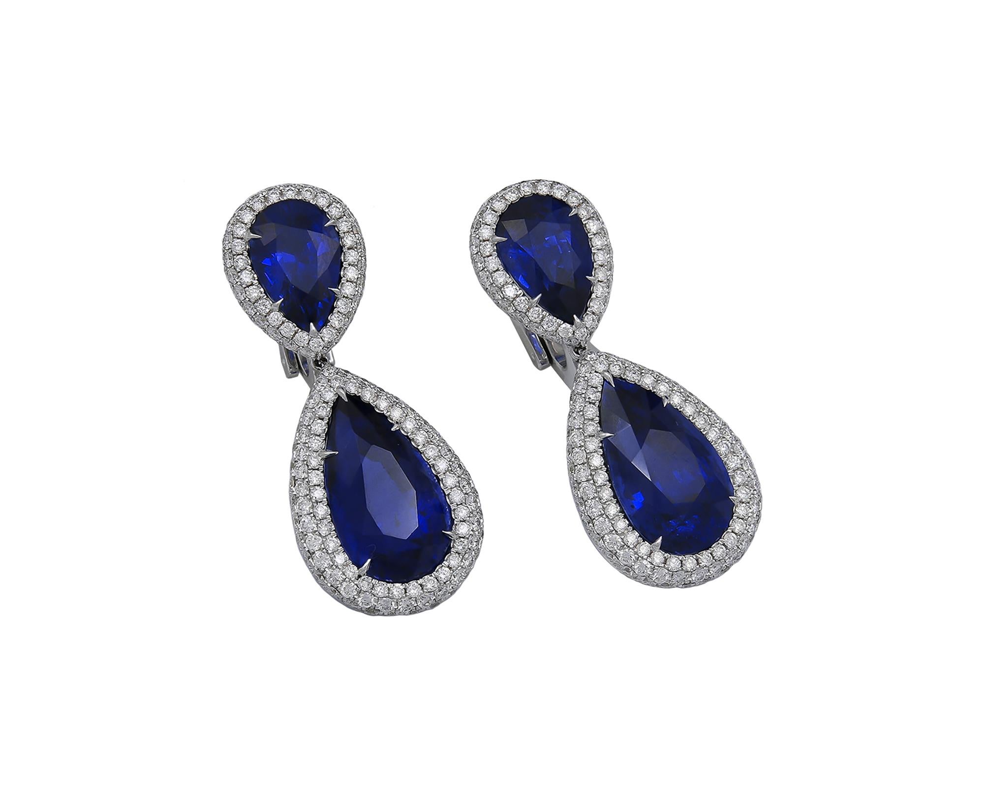 Pear Cut Spectra Fine Jewelry, GRS Certified 28.52 Carats Total Sapphire Diamond Earrings For Sale