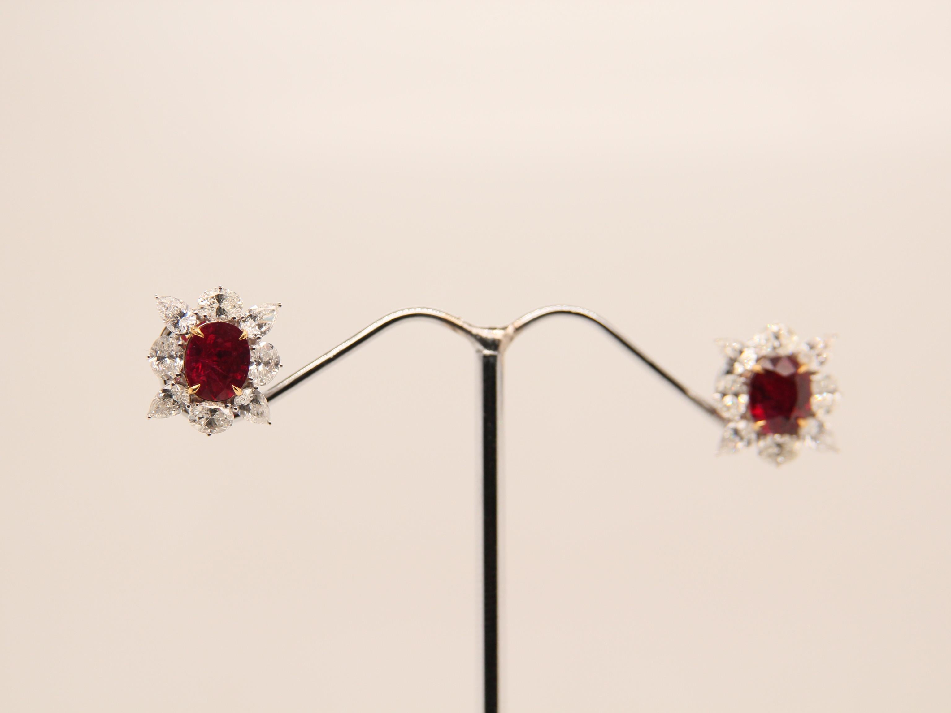 A brand new handcrafted ruby earring by Rewa Jewels. The earring’s center stones weigh 1.61ct and 1.32ct, are of Burmese origin and certified by Gem Research Swisslab (GRS) as natural, unheated, 'Pigeon blood' with certificate numbers 2022-060405