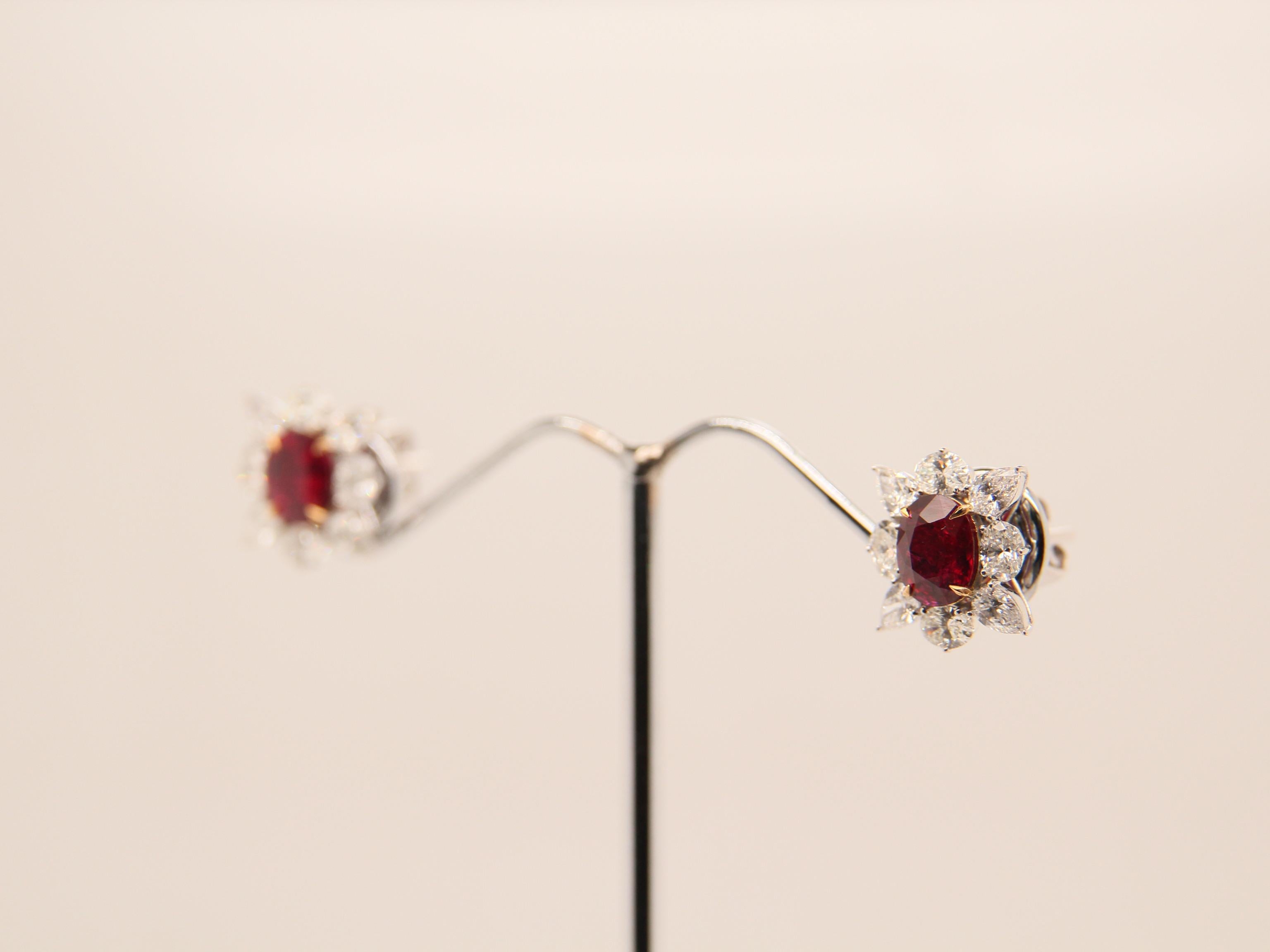 GRS Certified 2.93 Carat Burmese No Heat Pigeon Blood Ruby and Diamond Earrings In New Condition For Sale In Bangkok, TH