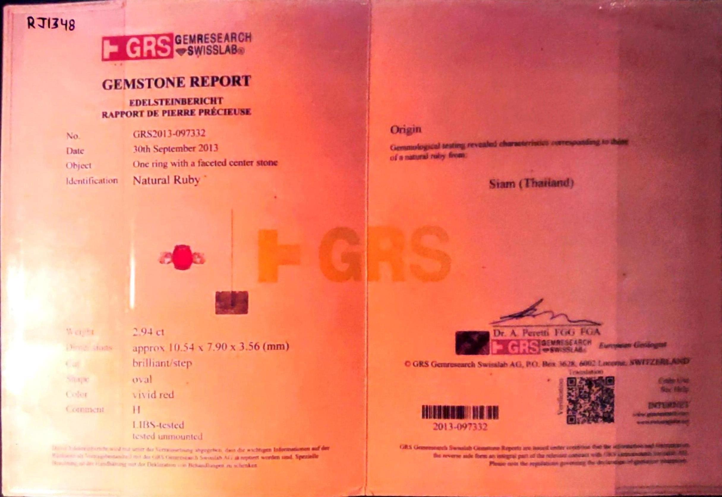 GRS Certified 2.94 Carat Thai Ruby Ring in 18 Karat Gold 2