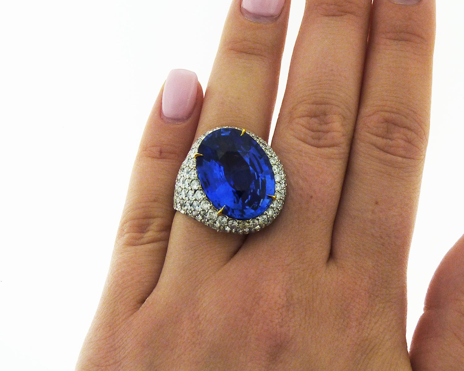 Oval Cut Spectra Fine Jewelry, GRS Certified 29.83 Carat Ceylon Sapphire Diamond Ring For Sale