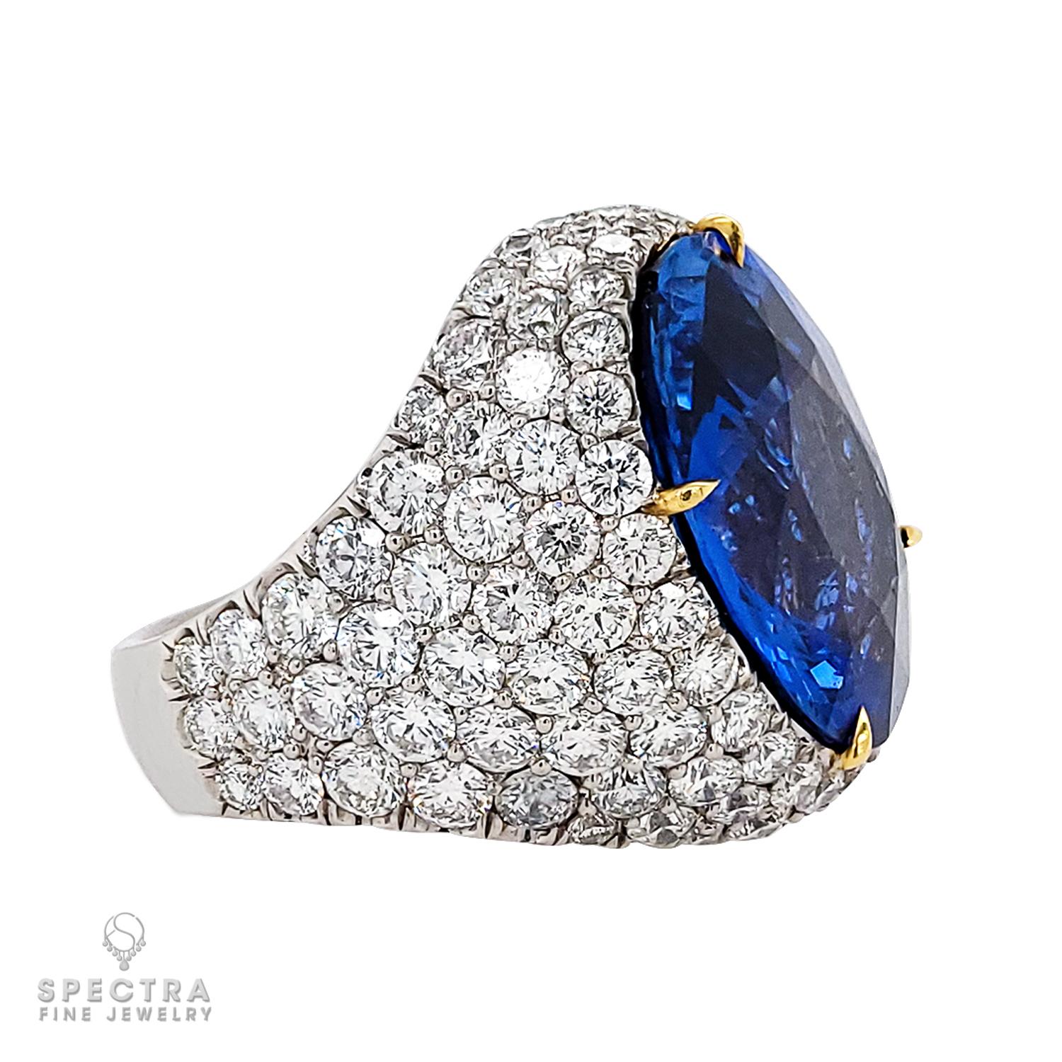A gorgeous cocktail ring depicting an oval blue sapphire and diamonds set in platinum. The weight of the sapphire is 29.83 carats. It's certified by GRS Lab stating that the stone is of Sri-Lankan origin with the indication of heating.
The sapphire