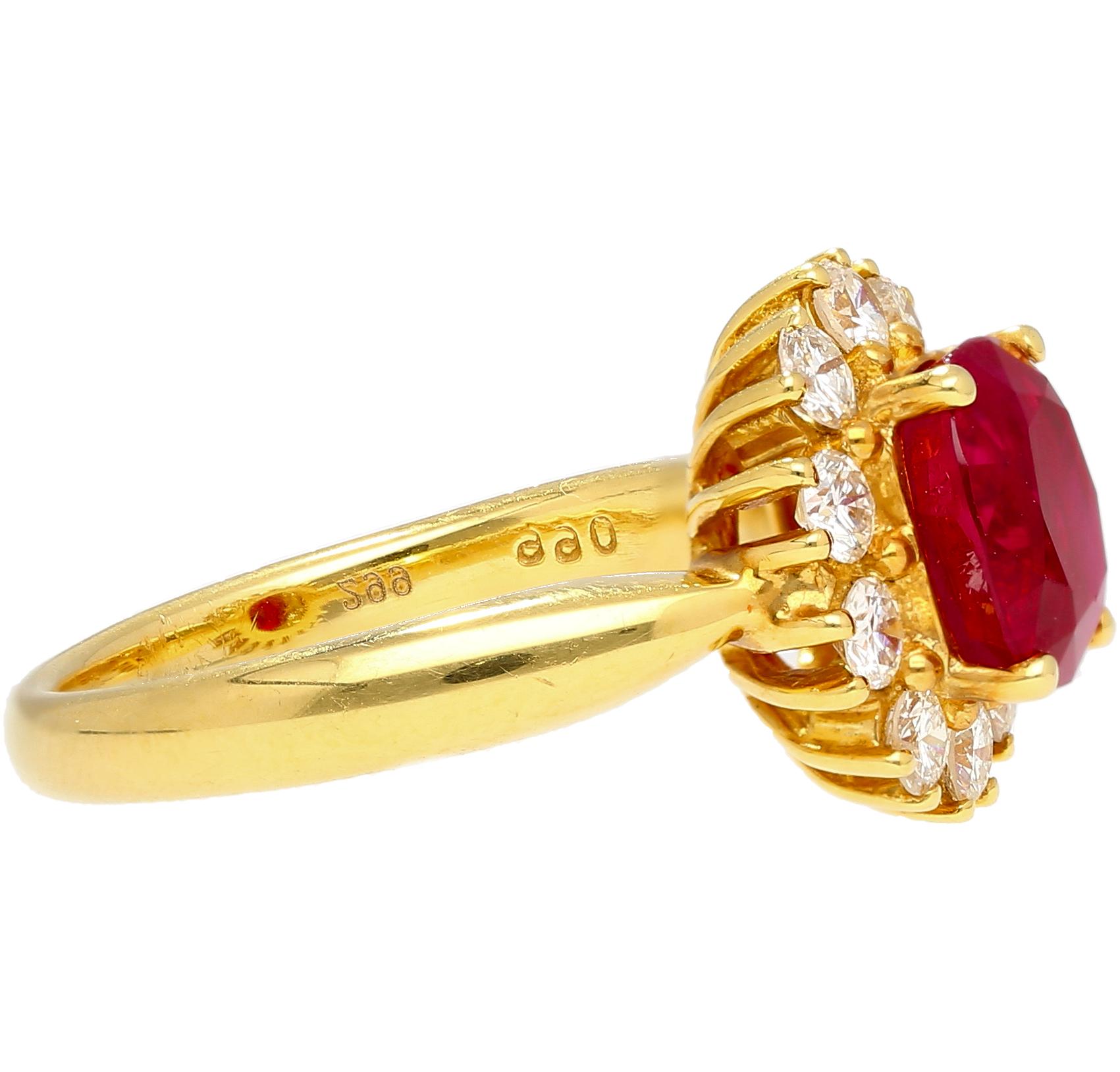 Art Nouveau GRS Certified 2.99 Oval Cut Burma Ruby & Diamond Halo Ring For Sale
